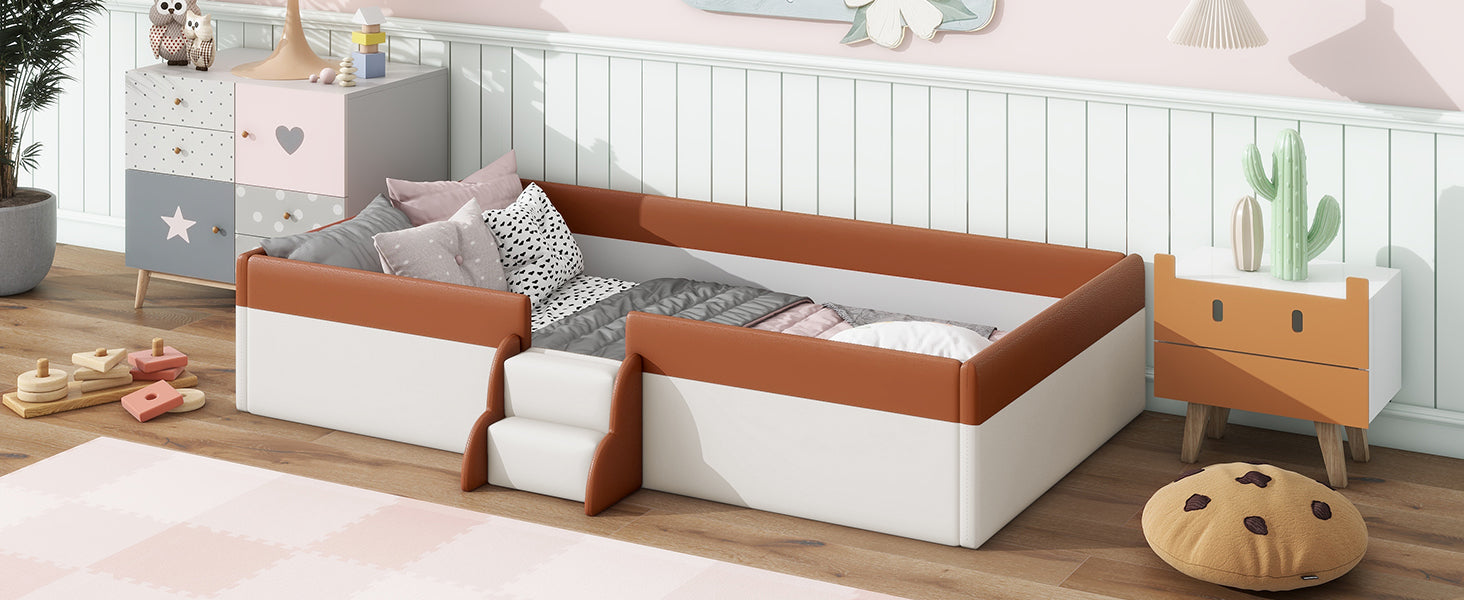 Twin Size Upholstered Daybed Frame With Fence And Stairs, Brown White Twin Brown White Mdf Lvl