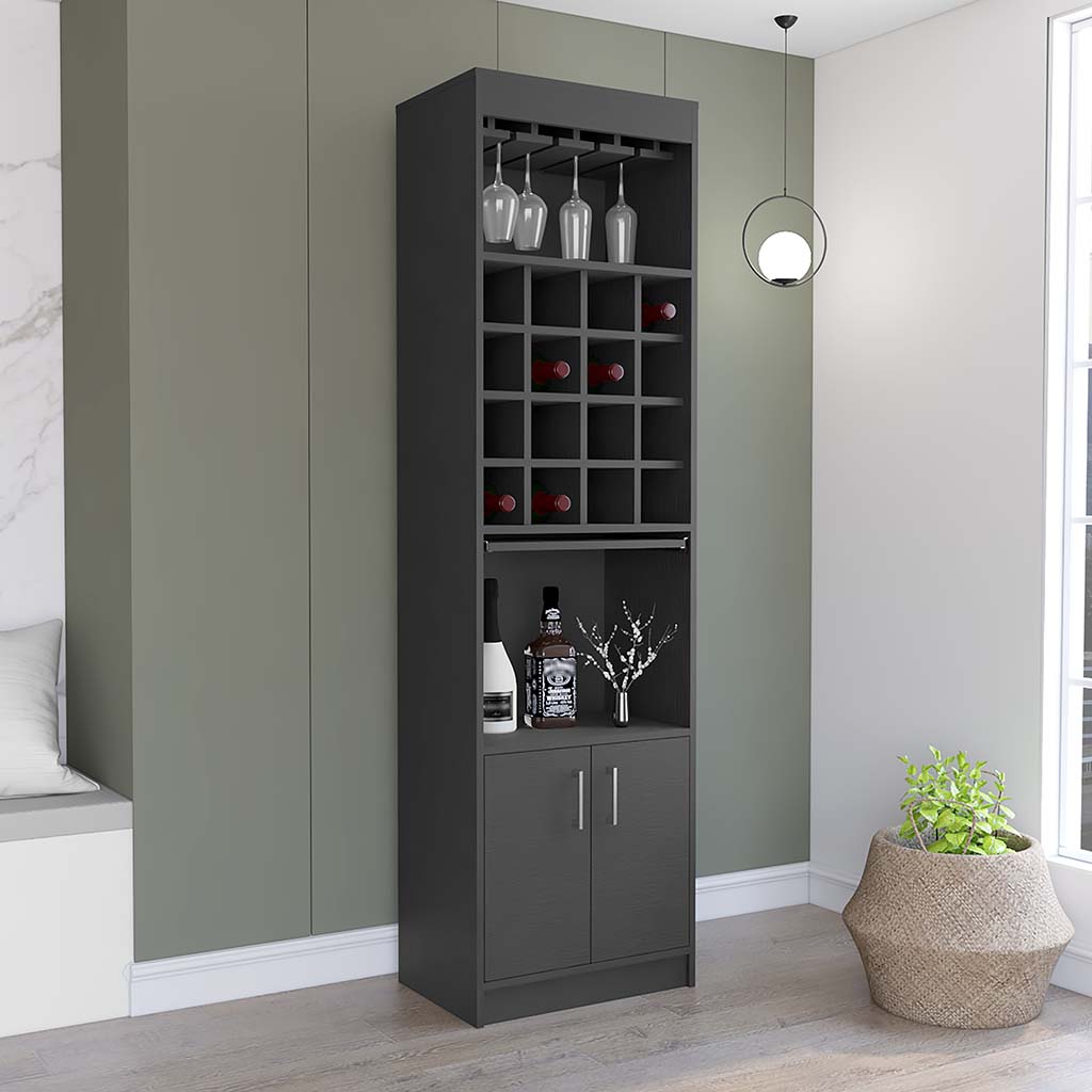 Bar Double Door Cabinet, Sixteen Built In Wine Rack, Concealable Serving Tray, One Shelf, Black Black Solid Wood Mdf Engineered Wood