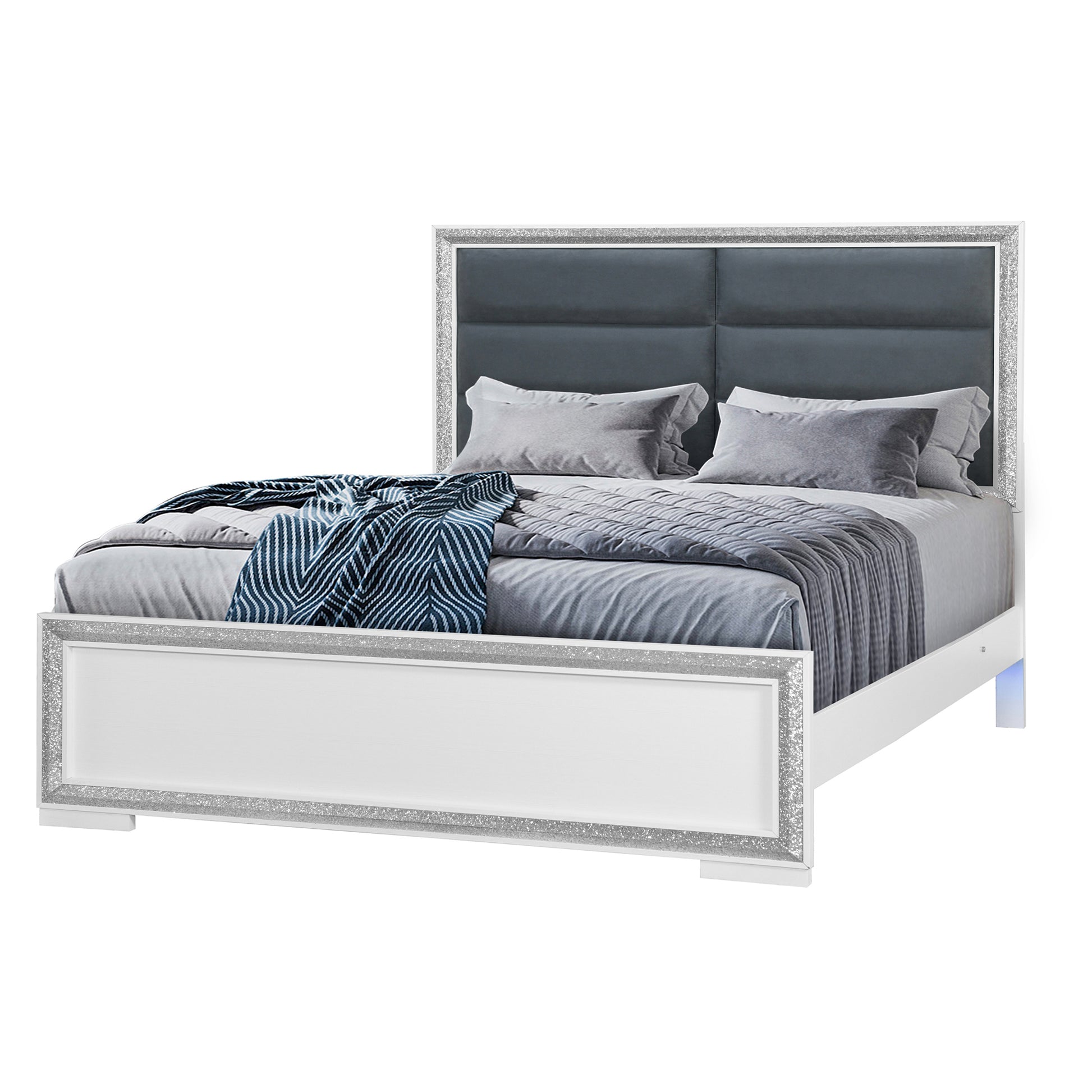 Annie Silver Queen Bed With Led Box Spring Required Full Silver Wood Gray Bedroom Contemporary Rubberwood Bed Frame Wood Polyester Wood