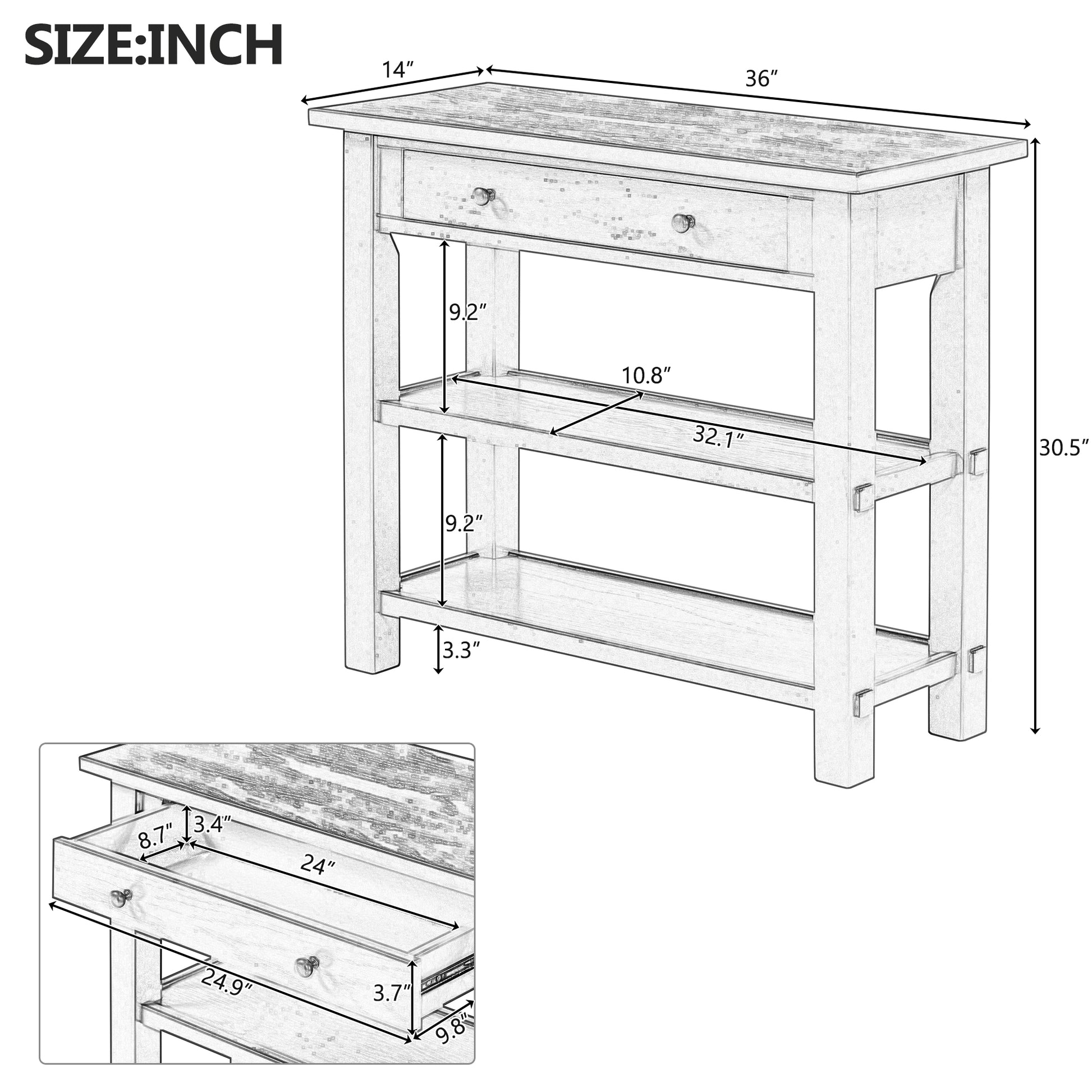 Retro Console Table With Drawer And Two Sturdy Shelves For Entryway, Living Room Espresso Espresso Mdf,Rubber Wood