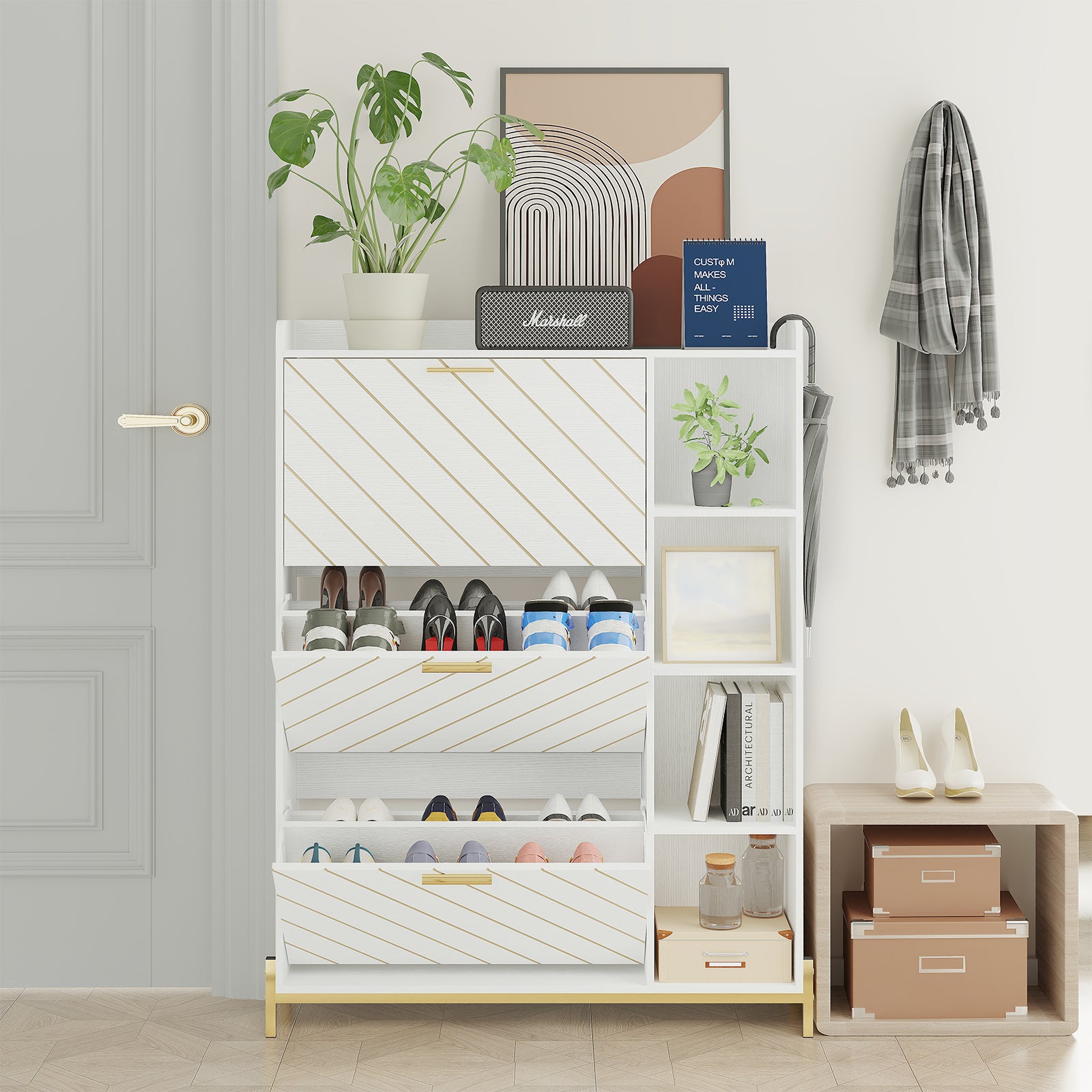 Shoe Cabinet With 3 Flip Drawers & Open Shelves, Modern Entryway Shoe Storage Cabinet Slim, Narrow Hidden Shoe Rack For Heels, Boots, Slippers, Wood Freestanding Shoe Organizer For Entrance White Bedroom Farmhouse Foam Mdf