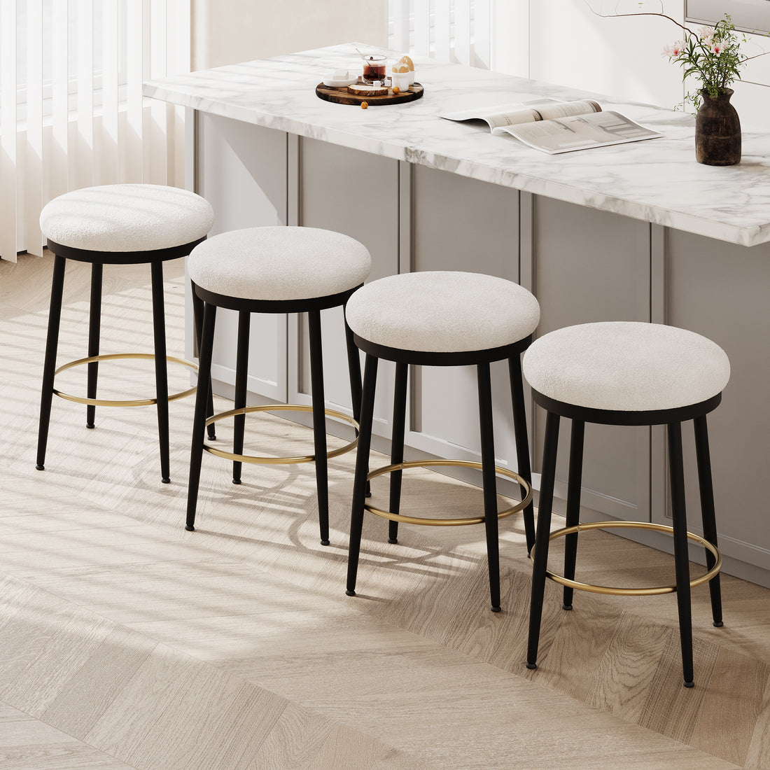 24.75'' Modern Counter Stools Set Of 4,White Counter Stools With Iron Frame,Sponge Cushion,Footrest,Suitable For Kitchen Bedroom Dining Room. Iron White Kitchen Sponge Round Contemporary Set Of 4 Or