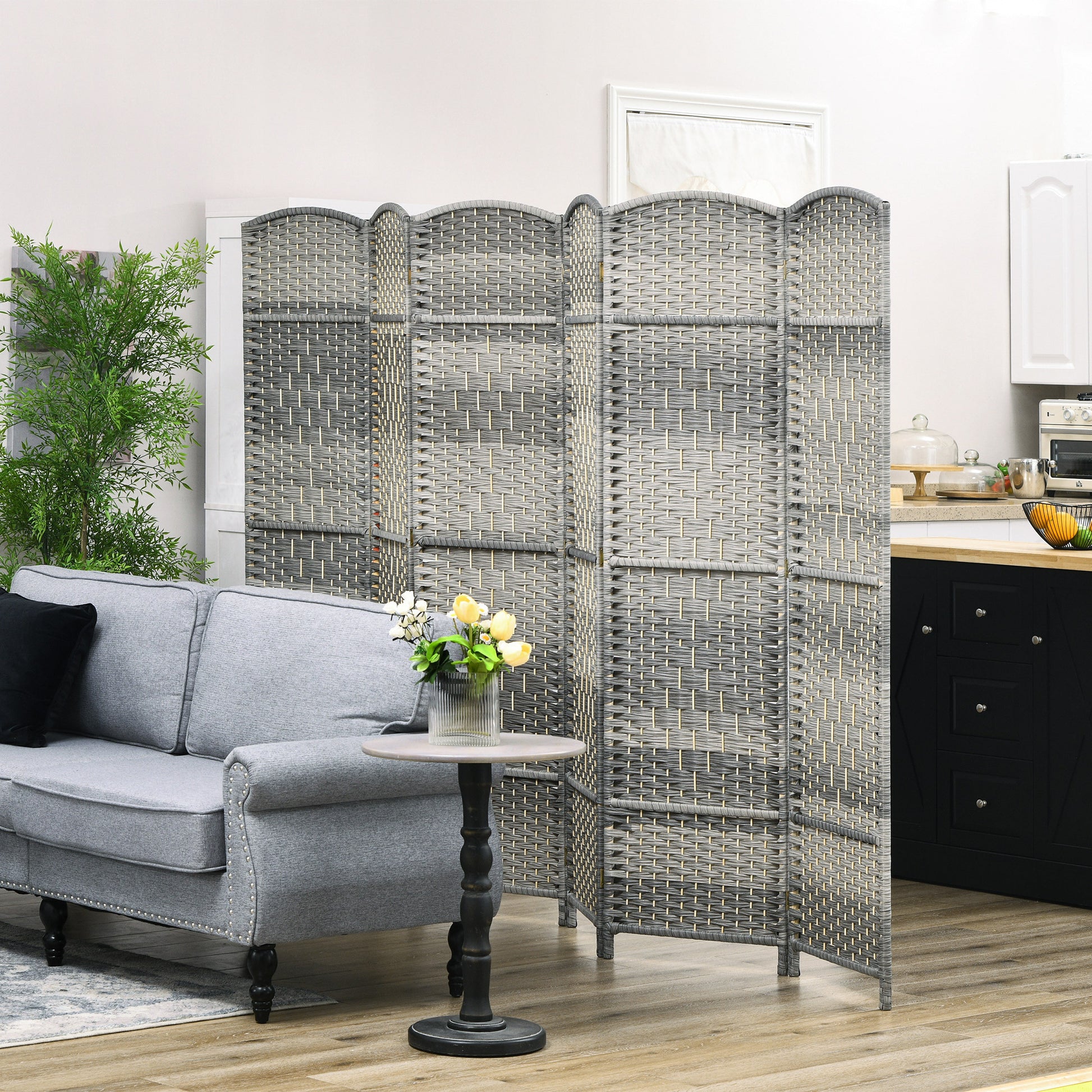 Homcom 6 Panel Room Divider, 6' Tall Folding Privacy Screen, Hand Woven Freestanding Wall Partition For Home Office, Bedroom, Mixed Gray Grey Polypropylene