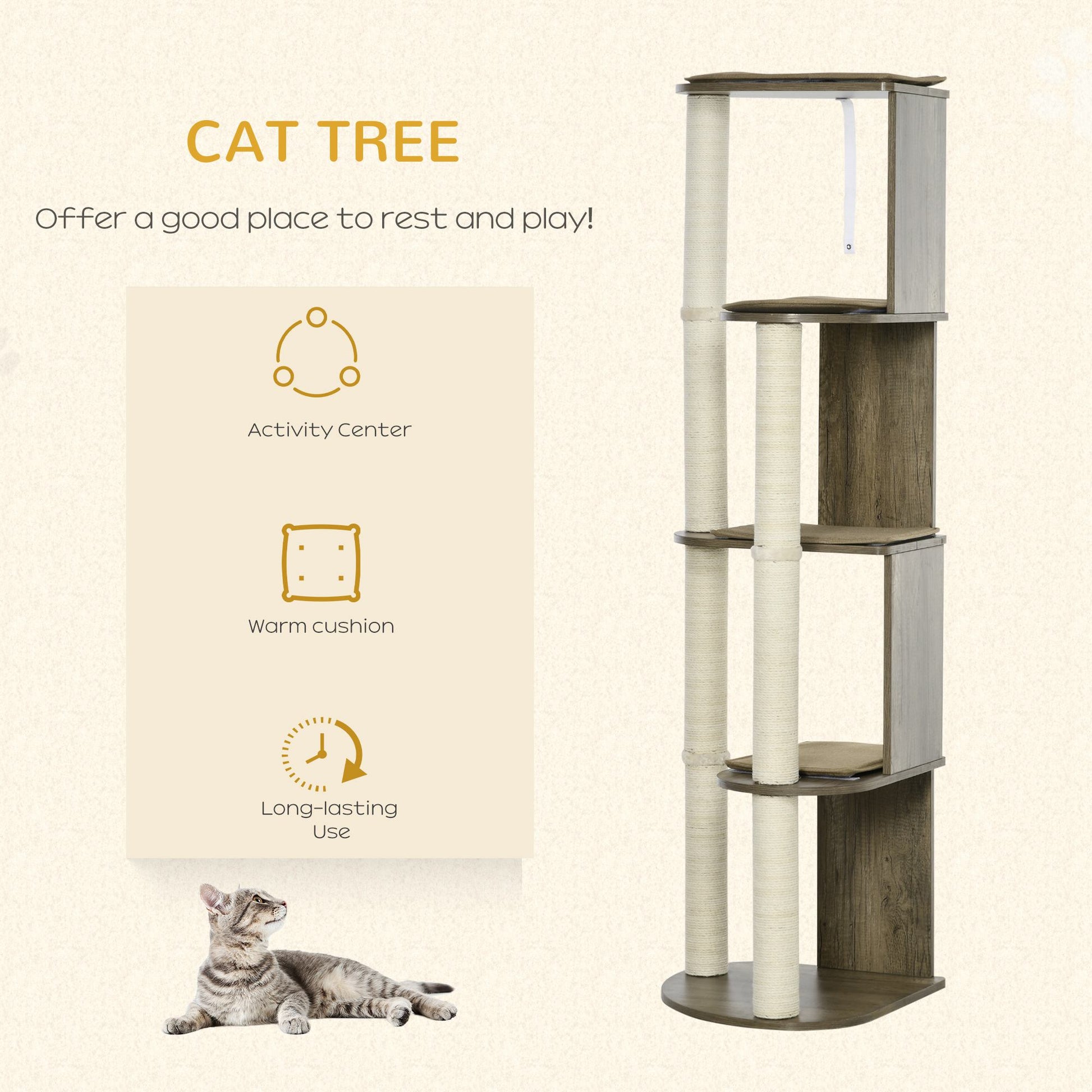 Pawhut 65" Corner Modern Cat Tree Tall For Climbing, Large Multilevel Cat Tower With Scratching Posts, Small Fit Kitten Tower With Sisal, Cream White Cream White Particle Board