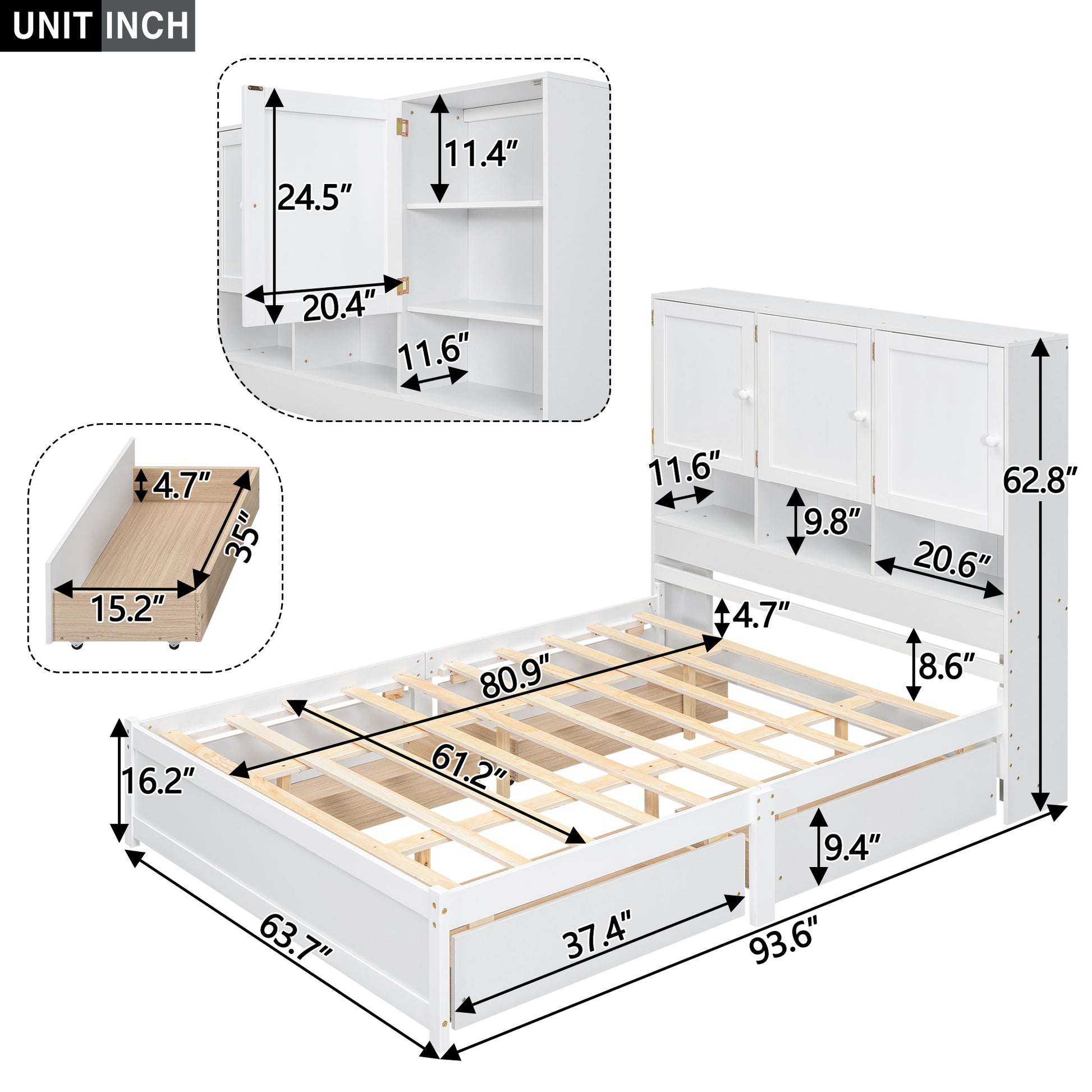 Queen Size Platform Bed With Storage Headboard And 4 Drawers, White Box Spring Not Required Queen White Wood Bedroom Bed Frame Solid Wood Mdf