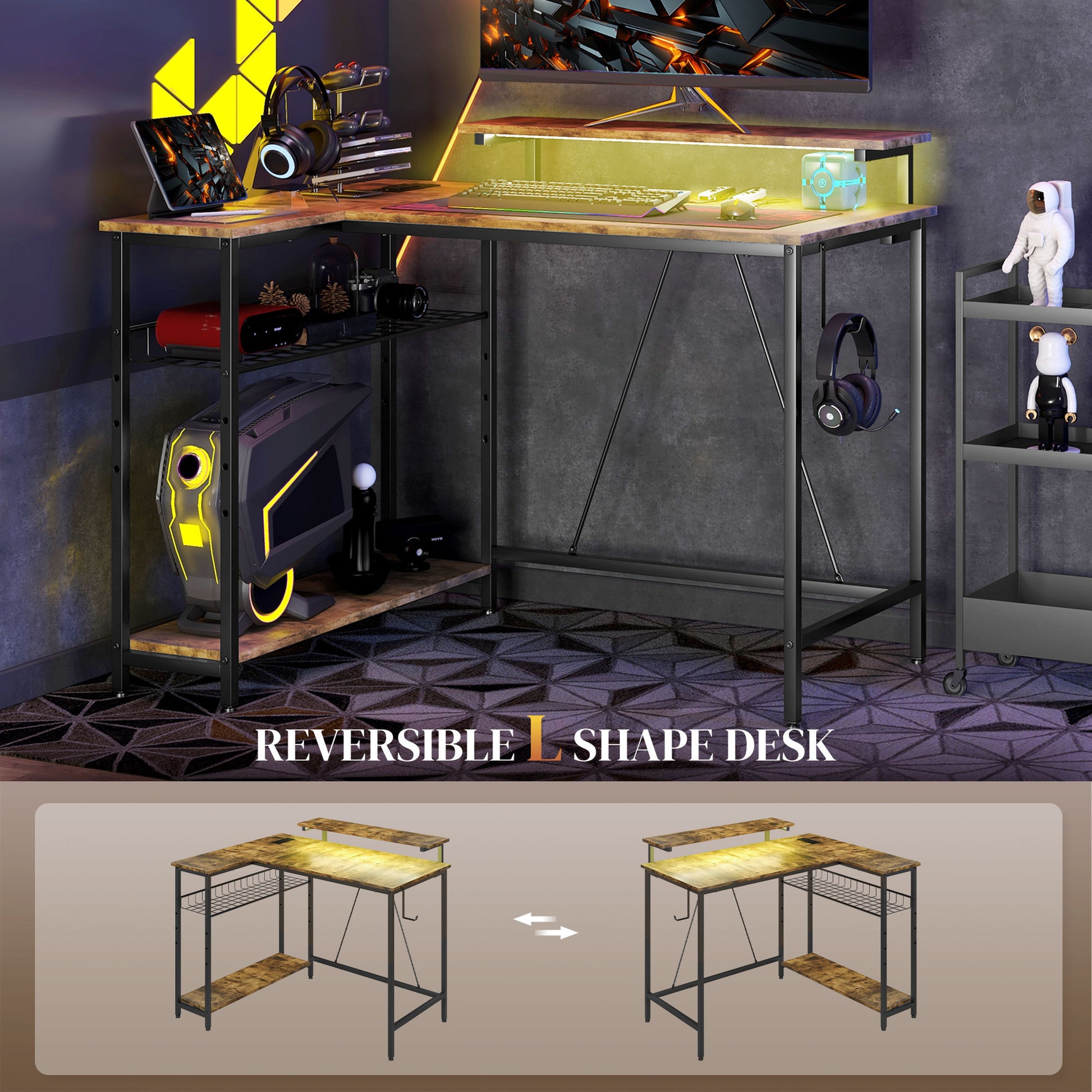 Homcom 42" L Shaped Desk With Led Lights, Power Outlet, Usb Charging Ports, Reversible L Shaped Computer Desk With Storage Shelves, Monitor Stand, Corner Gaming Desk For Home Office, Rustic Brown Rustic Brown Particle Board