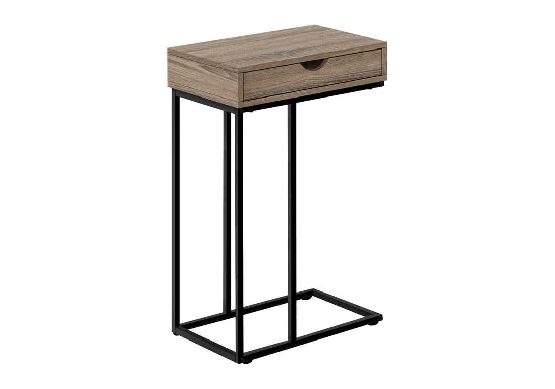 Accent Table, C Shaped, End, Side, Snack, Storage Drawer, Living Room, Bedroom, Brown Laminate, Black Metal, Contemporary, Modern Taupe Particle Board