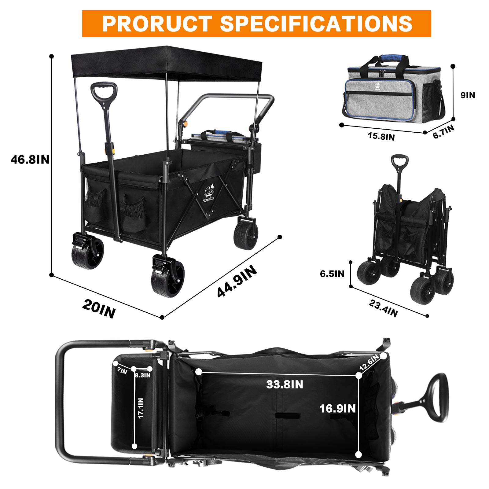 Collapsible Wagon 140L Wagons Carts Foldable With Removable Canopy, Folding Wagon Cart With Wheels For All Terrain With Brake, Foldable Wagon With Cooler Bag, For Camping Beach Shopping Black Garden