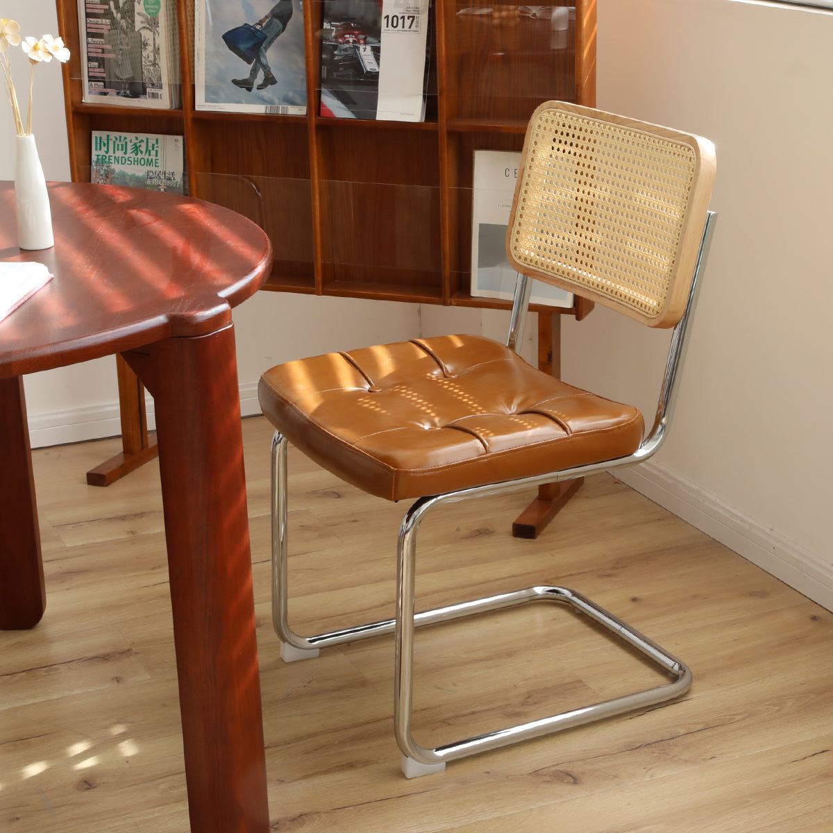 Dining Chairs Set Of 2, Fauex Leather Rattan Side Accent Chairs With Chrome Legs, Modern Mid Century Breuer Designed Chairs, Upholstered Dining Living Room Kitchen Chairs Brown 2Pcs Brown Faux