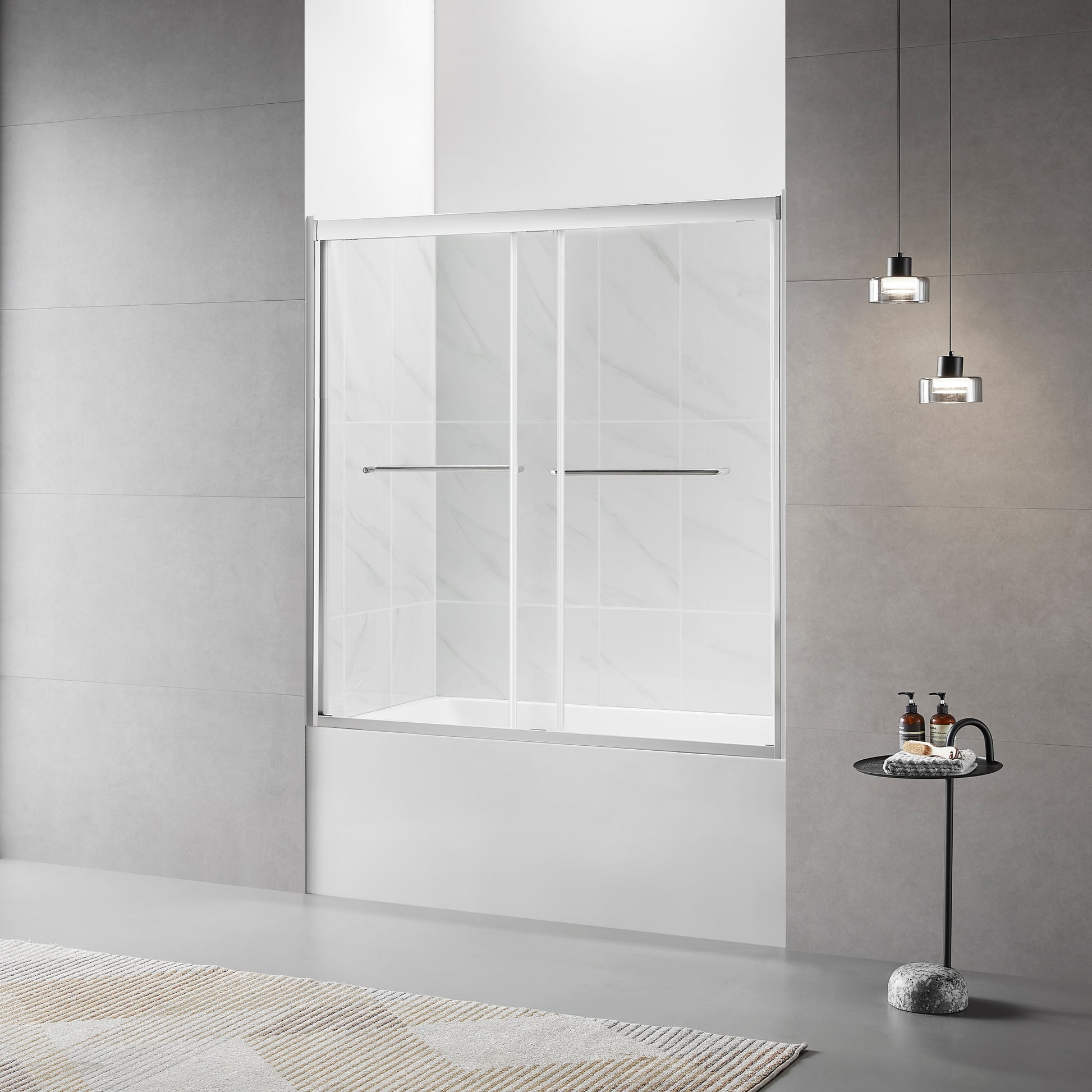 60"W X 60"H Bathtub Double Sliding Tub Shower Door With 1 4" 6Mm Clear Glass, Framed Tub Glass Shower Door, Brushed Titanium Finish Brushed Titanium Bathroom American Design Glass Metal