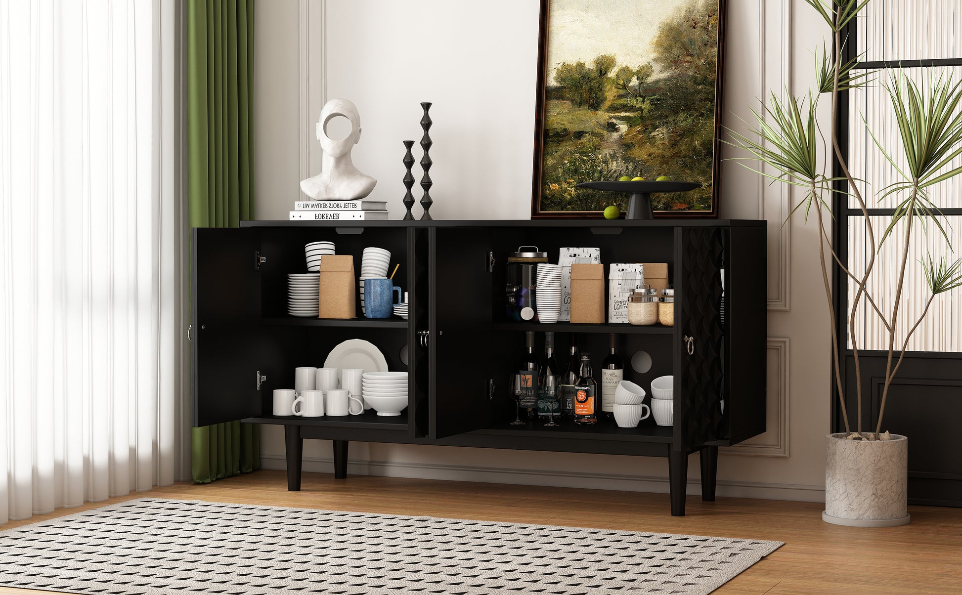 Modern 4 Door Sideboard With Convex Pattern Doors And 2 Silver Handle For Living Room, Dining Room, Kitchen Black Black Mdf