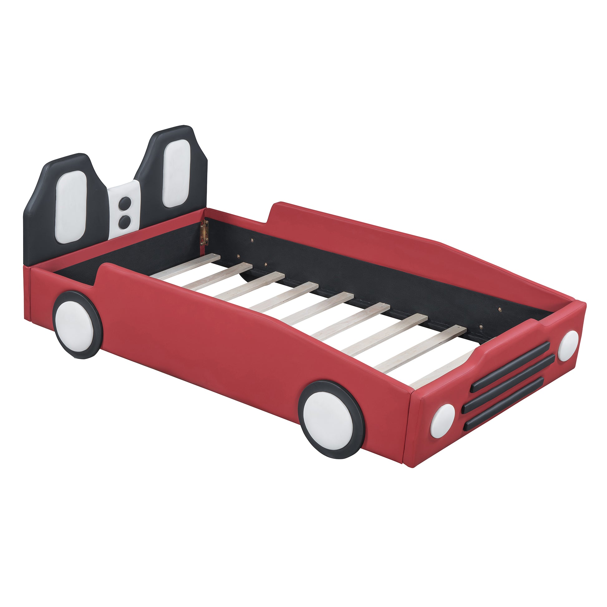 Twin Size Race Car Shaped Platform Bed With Wheels,Red Red Pu Leather