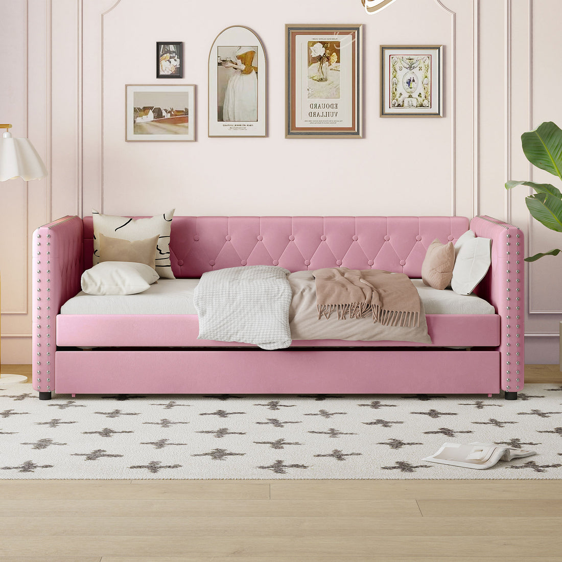 Twin Size Tufted Upholstered Daybed With Trundle, Velvet Sofabed With Rivet Design, No Box Spring Needed,Pink Twin Pink Velvet