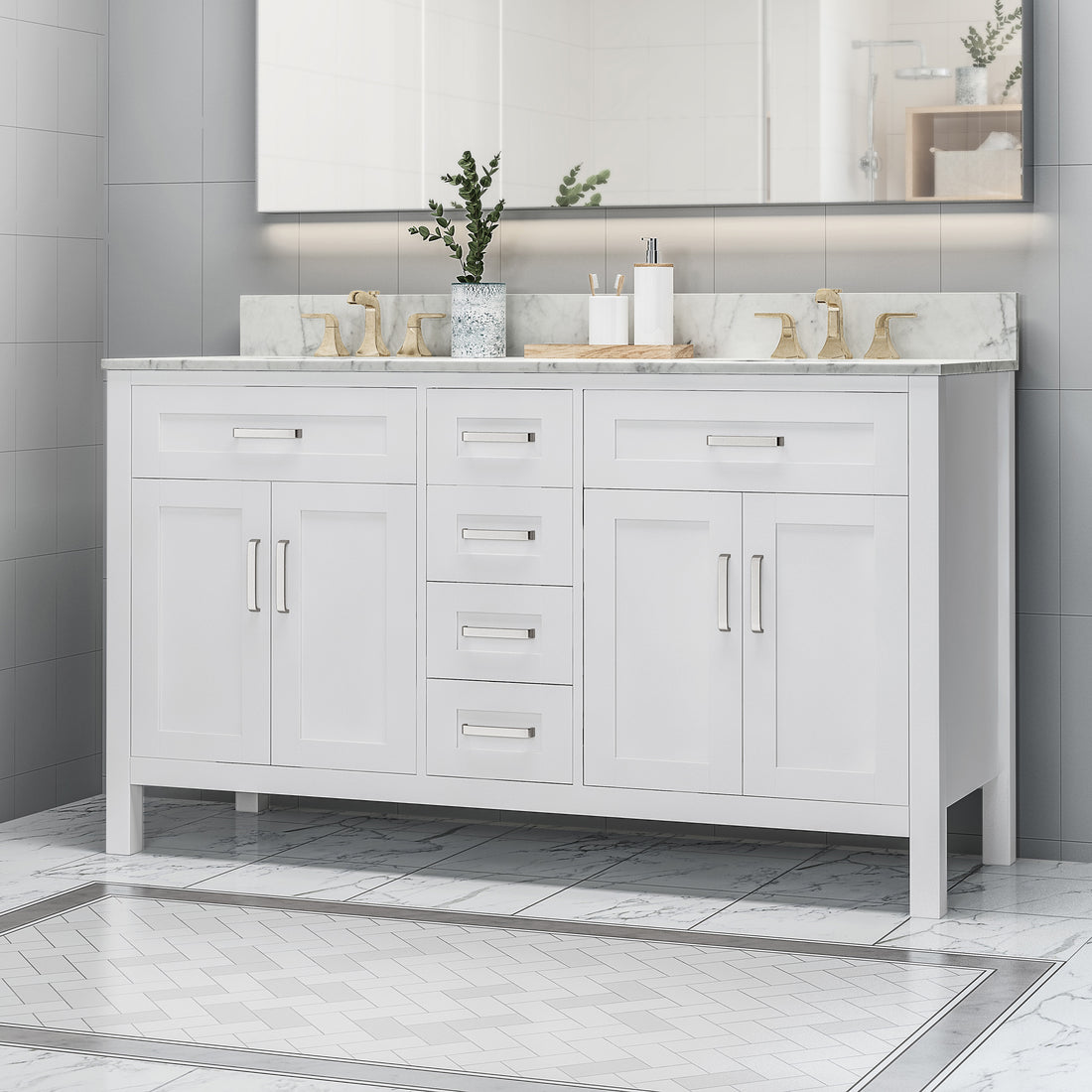 61'' Bathroom Vanity With Marble Top & Double Ceramic Sinks, 4 Drawers, 4 Doors, White White Plywood
