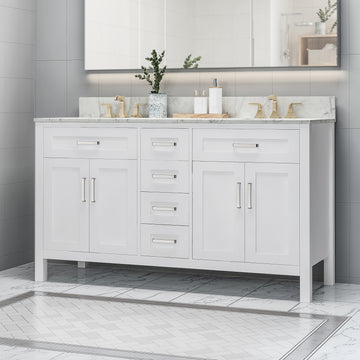 61'' Bathroom Vanity With Marble Top & Double Ceramic Sinks, 4 Drawers, 4 Doors, White White Plywood
