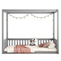 Full Size Canopy Frame Floor Bed With Fence, Guardrails,Grey Full Grey American Design Pine