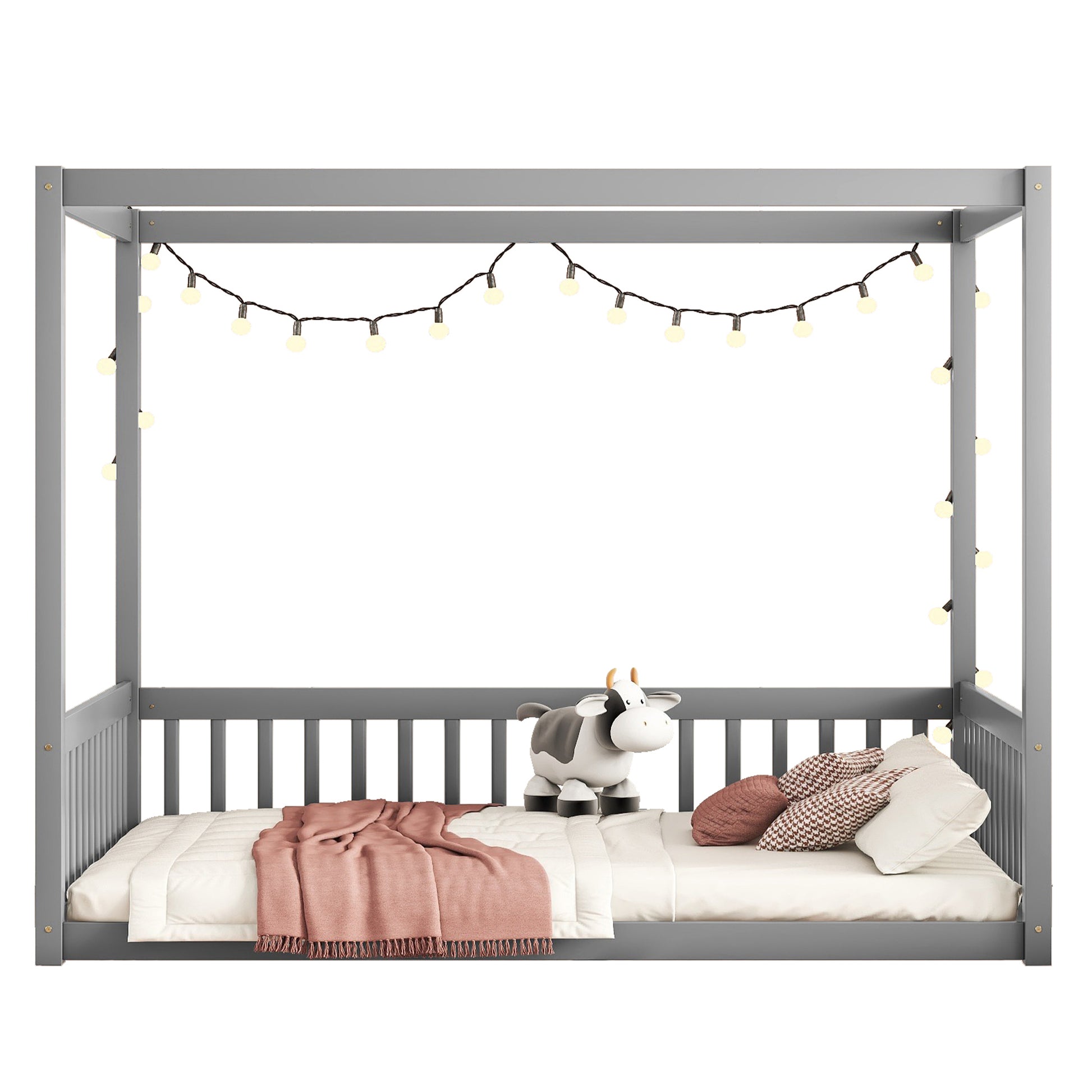 Full Size Canopy Frame Floor Bed With Fence, Guardrails,Grey Full Grey American Design Pine