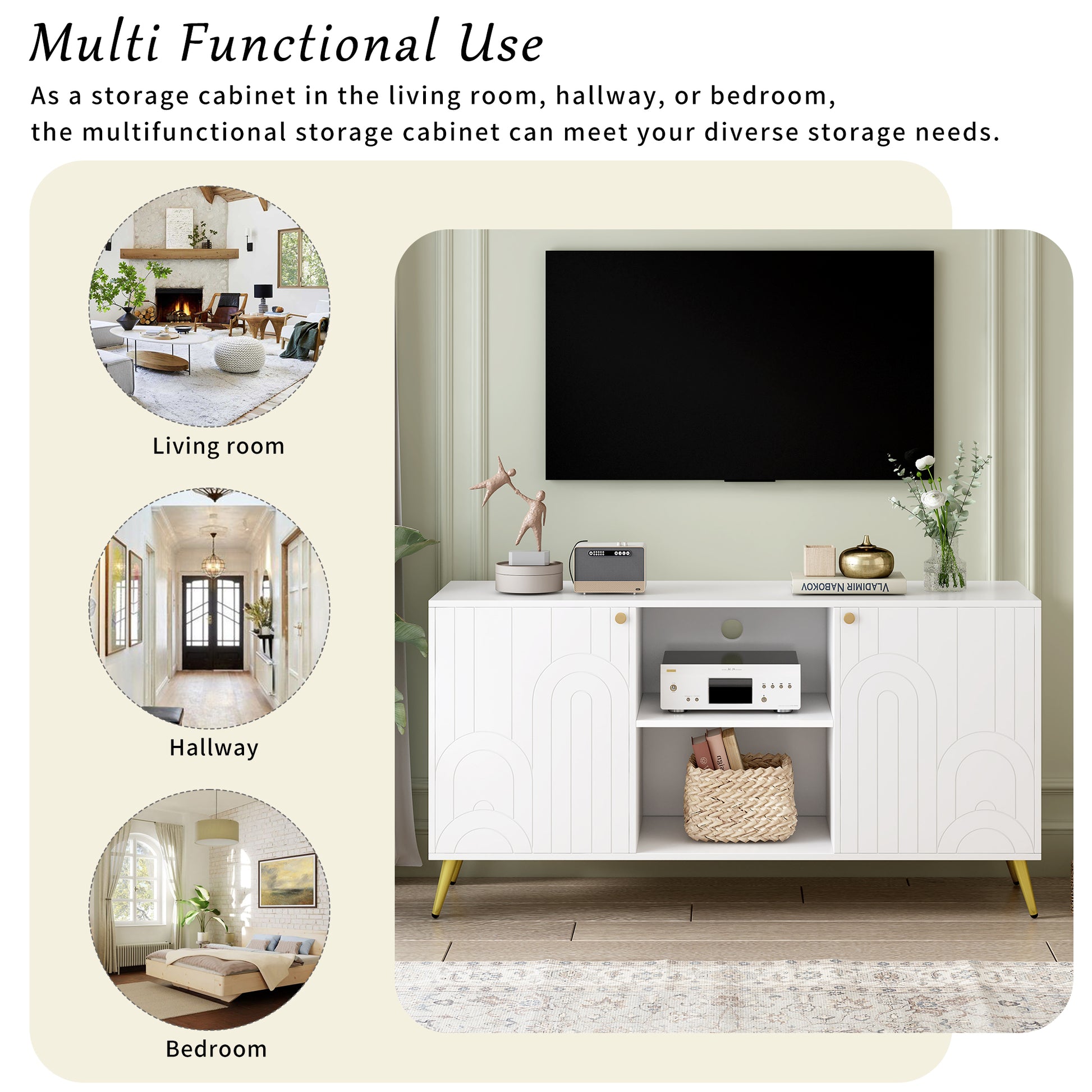 Modern Tv Stand For Tvs Up To 55 Inches, Entertainment Center Media Console,Adjustable Shelf, Metal Legs, Handles And Anti Tip Device For Living Room White 50 59 Inches Mdf