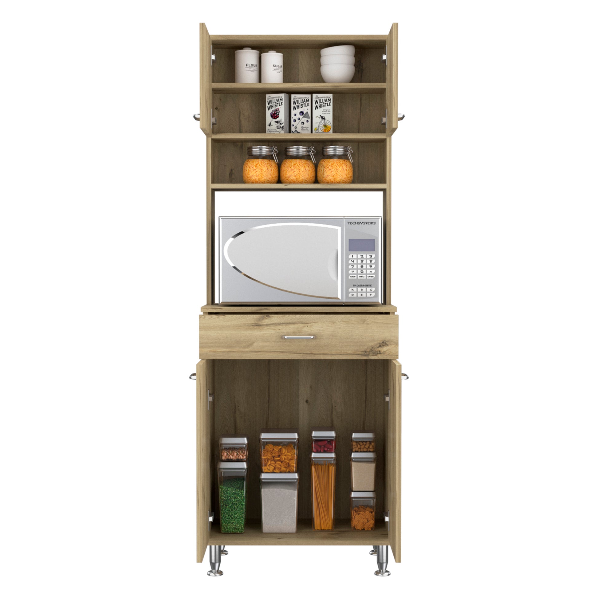 Bay Area Pantry, Two Door Cabinets, One Drawer, Four Adjustable Metal Legs Beige Kitchen Contemporary Melamine Engineered Wood