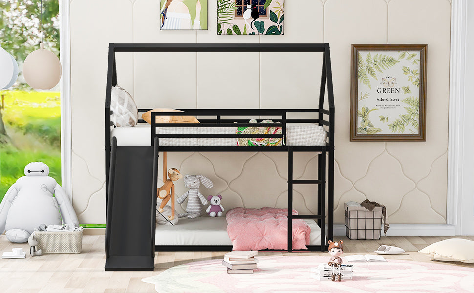 Twin Over Twin House Bunk Bed With Ladder And Slide,Black Twin Black Metal