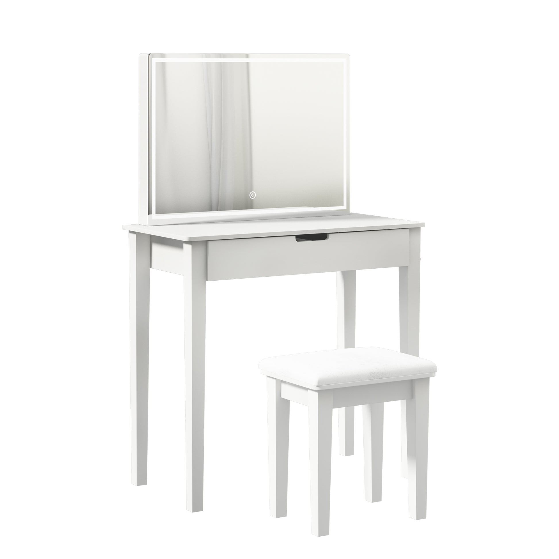 Vanity Desk Set With Mirror For Makeup, Makeup Table With 1 Drawer Storage Cosmetics, Vanity Dressing Table For Bedroom With Dimmable Led Light With Stool,White Finish White Drawer 1 Drawer Pine