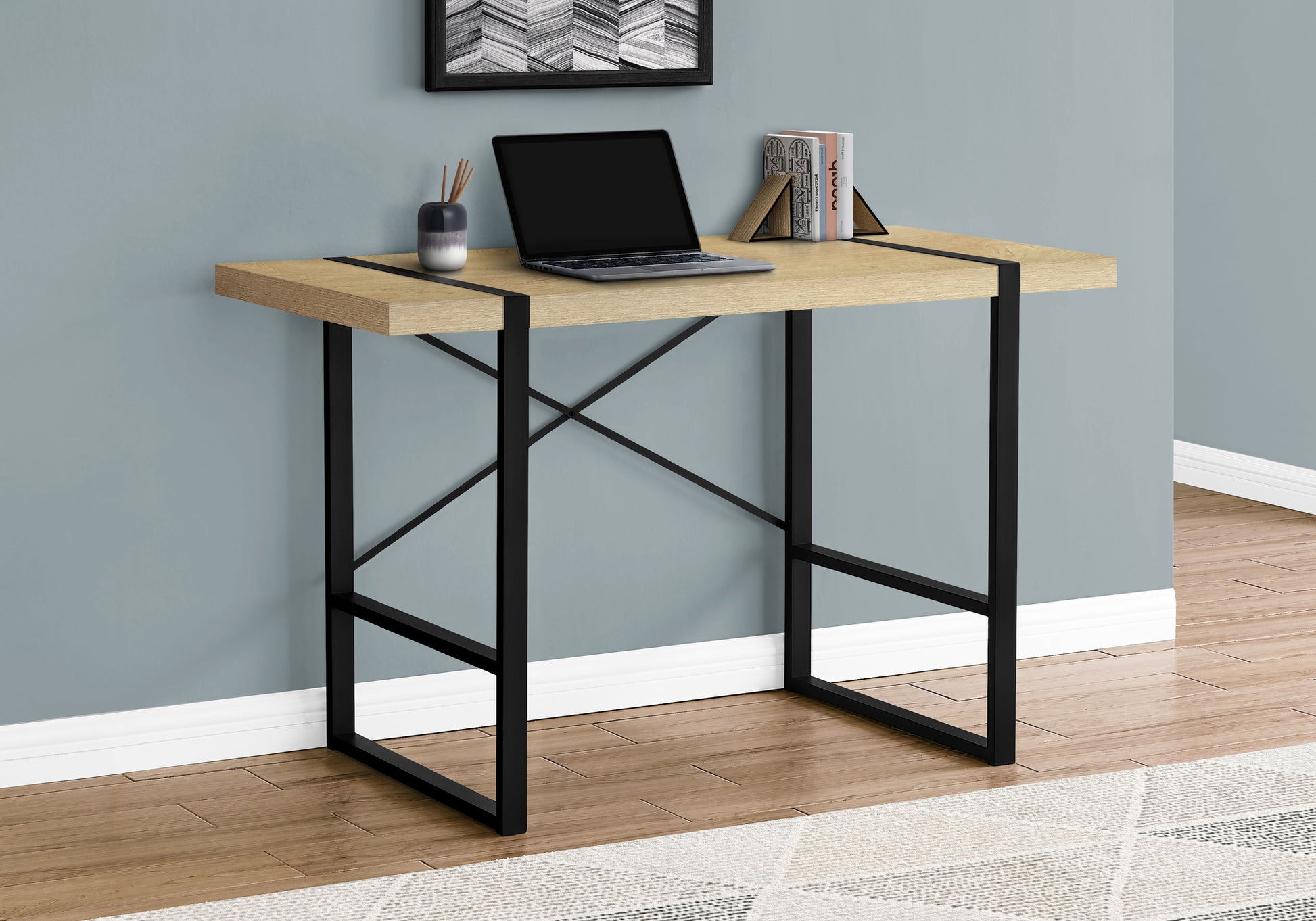 Computer Desk, Home Office, Laptop, 48"L, Work, Natural Laminate, Black Metal, Contemporary, Modern Natural Particle Board