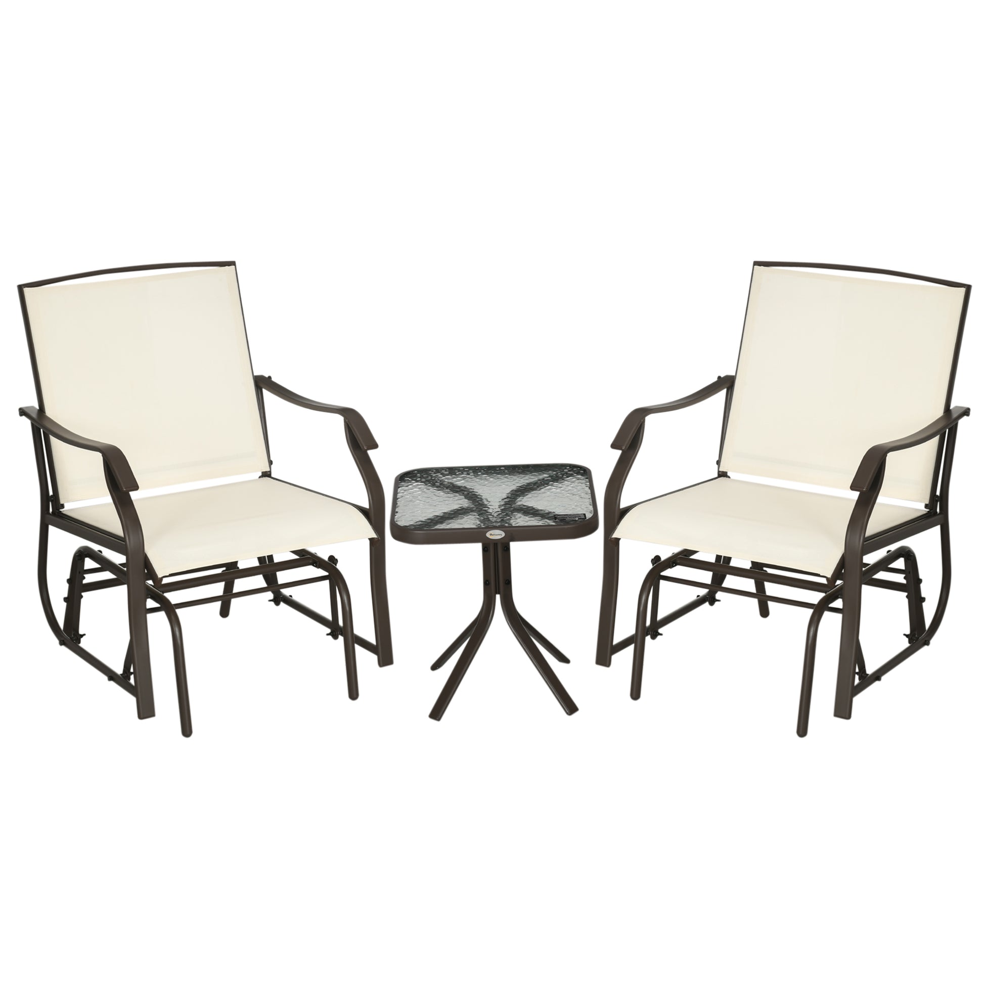 Outsunny 3 Piece Outdoor Glider Chair With Coffee Table Bistro Set, 2 Patio Rocking Swing Chairs Withsling Fabric, Glass Tabletop, For Backyard, Garden And Porch, Cream White Cream White Fabric Metal