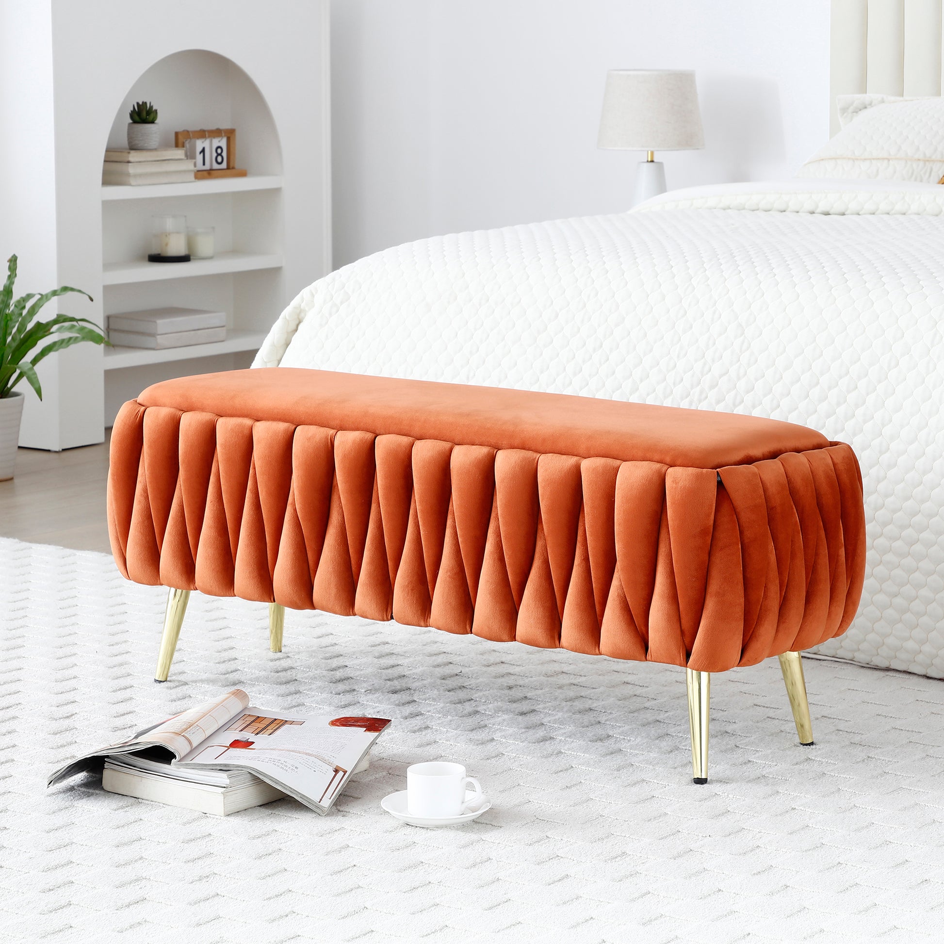 Oval Storage Bench With Gold Legs,Velvet Fabric ,Woven,Upholstered Ottoman Storage Benches For Bedroom End Of Bed,Sherpa Fabric Bench For Living Room,Dining Room,Entryway,Bed Side,Orange,5 Colors Orange Velvet