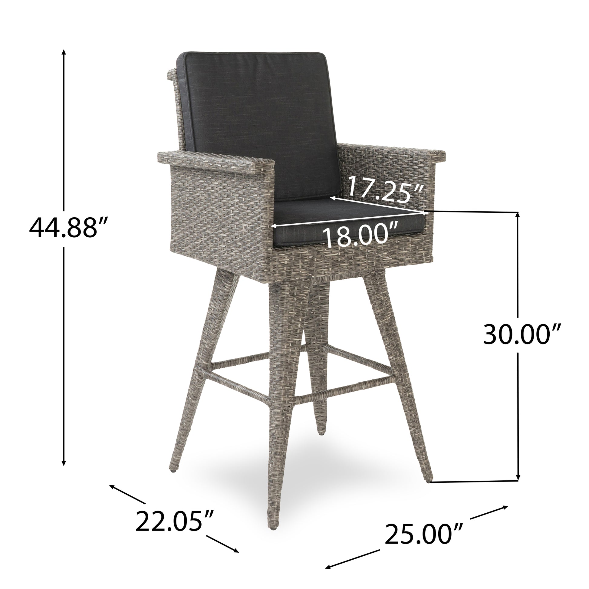 30" Outdoor Wicker Barstool With Water Resistant Cushions 1Pc Black Gray Pe Rattan Iron Waterproof Fabric