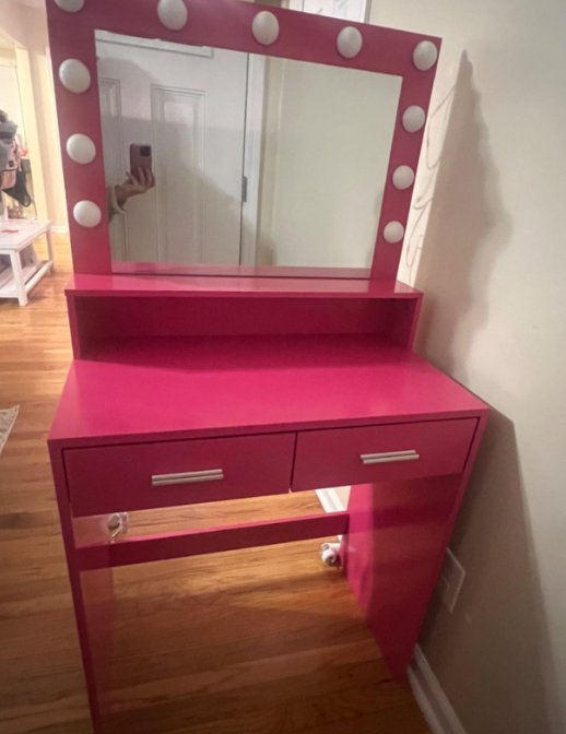 Vanity Desk With Mirror And Lights, Dressing Table With Large Drawer, 2 Level Storage Dresser & 3 Lighting Modes Adjustable Brightness, Suitable For Bedroom Rose Pink Rose Pink Particle Board