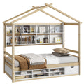 Twin House Bed With Roof Frame, Bedside Shelves, Under Bed Storage Unit,Natural Twin Natural American Design Pine