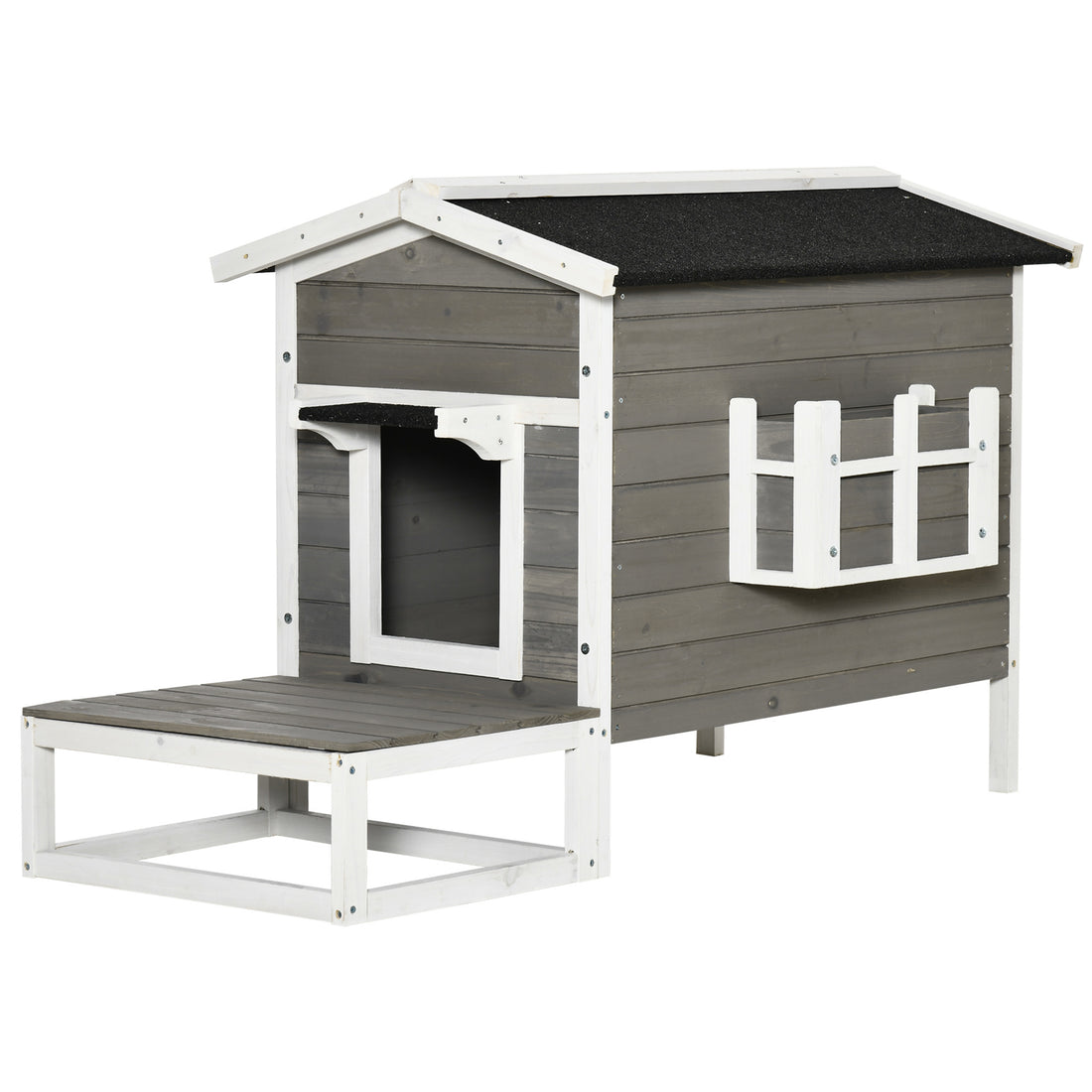 Pawhut Wooden Cat House Outdoor With Door, Weatherproof 2 Floor Cat Shelter With Asphalt Roof, Balcony, Dark Gray Gray Wood