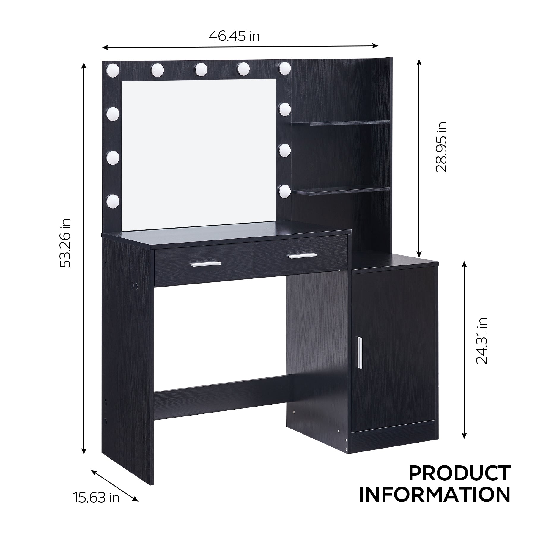 Vanity Desk With Mirror And Lights, 46.4In Dressing Table With 2 Large Drawer&Large Vertical Organizer, 3 Level Dresser & 3 Lighting Modes Adjustable Brightness, Suitable For Bedroom Black Black Polyester Blend