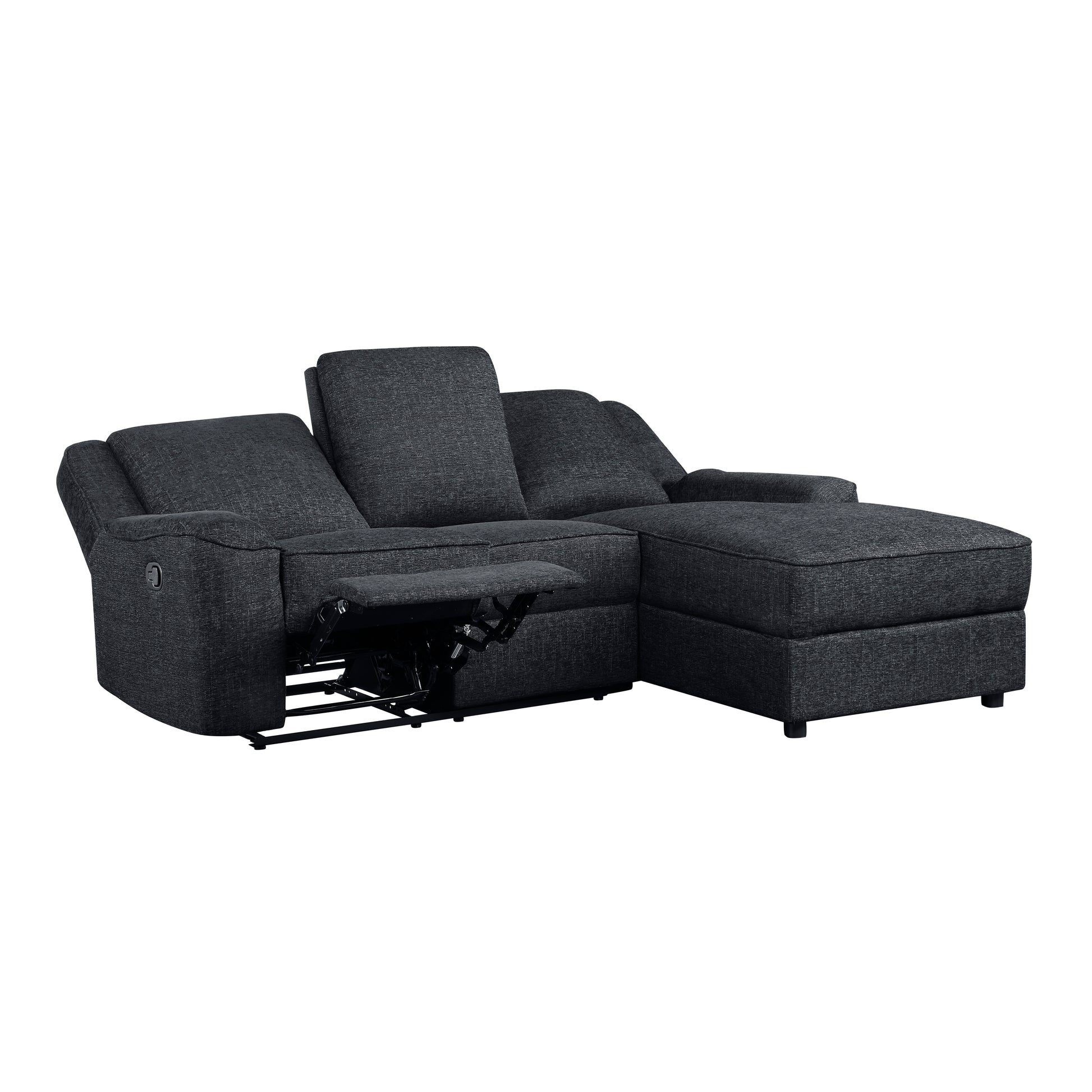 2 Piece Reclining Sectional With Right Chaise Chenille Fabric Upholstery Drop Down Cup Holders Modern Living Room Furniture Ebony Chenille Primary Living Space Plywood,Solid Wood 3 Seat