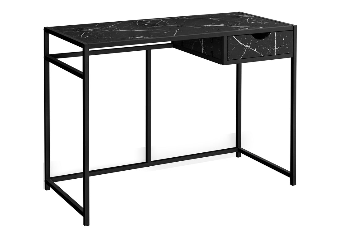 Computer Desk, Home Office, Laptop, Storage Drawer, 42"L, Work, Black Marble Look Laminate, Black Metal, Contemporary, Modern Black Mdf