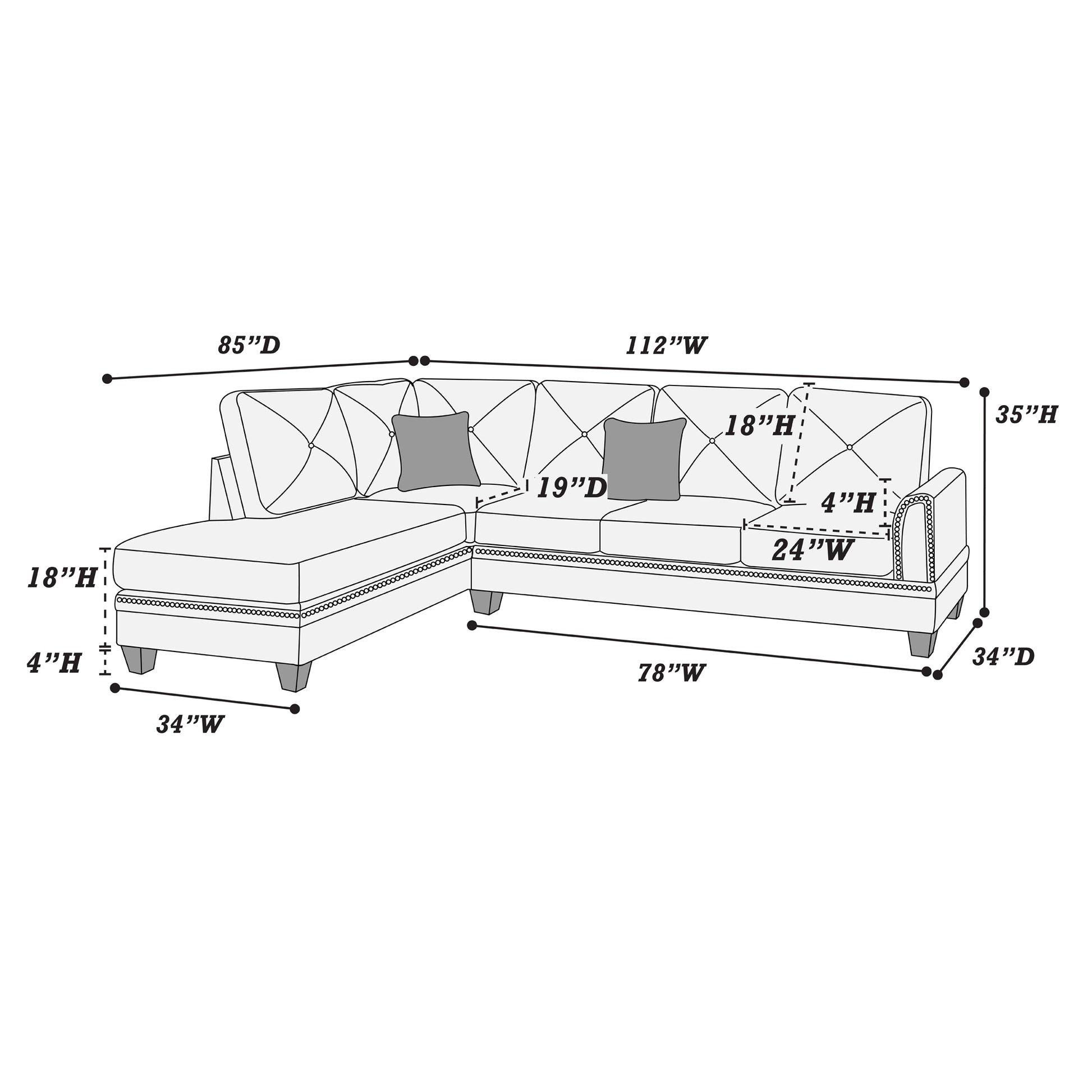 2 Pcs Sectional In Ash Black Dark Gray Fabric 4 Seat