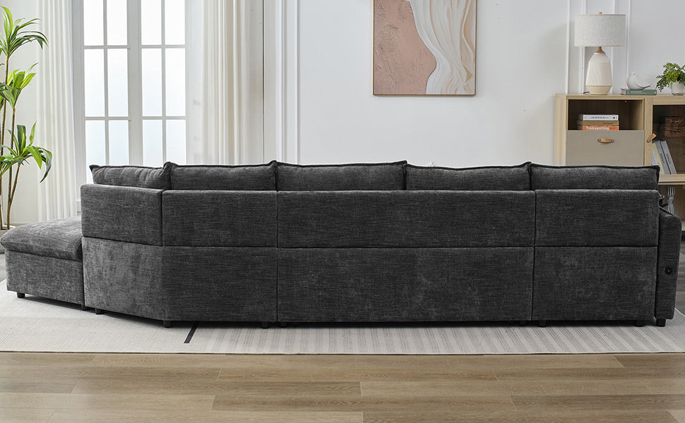 146.9" L Shaped Sofa Sectional Sofa Couch Pull Out Sofa Bed With A Movable Storage Ottoman, A Storage Chaise Lounge And Two Usb Ports For Living Room, Grey Grey Foam Linen 5 Seat