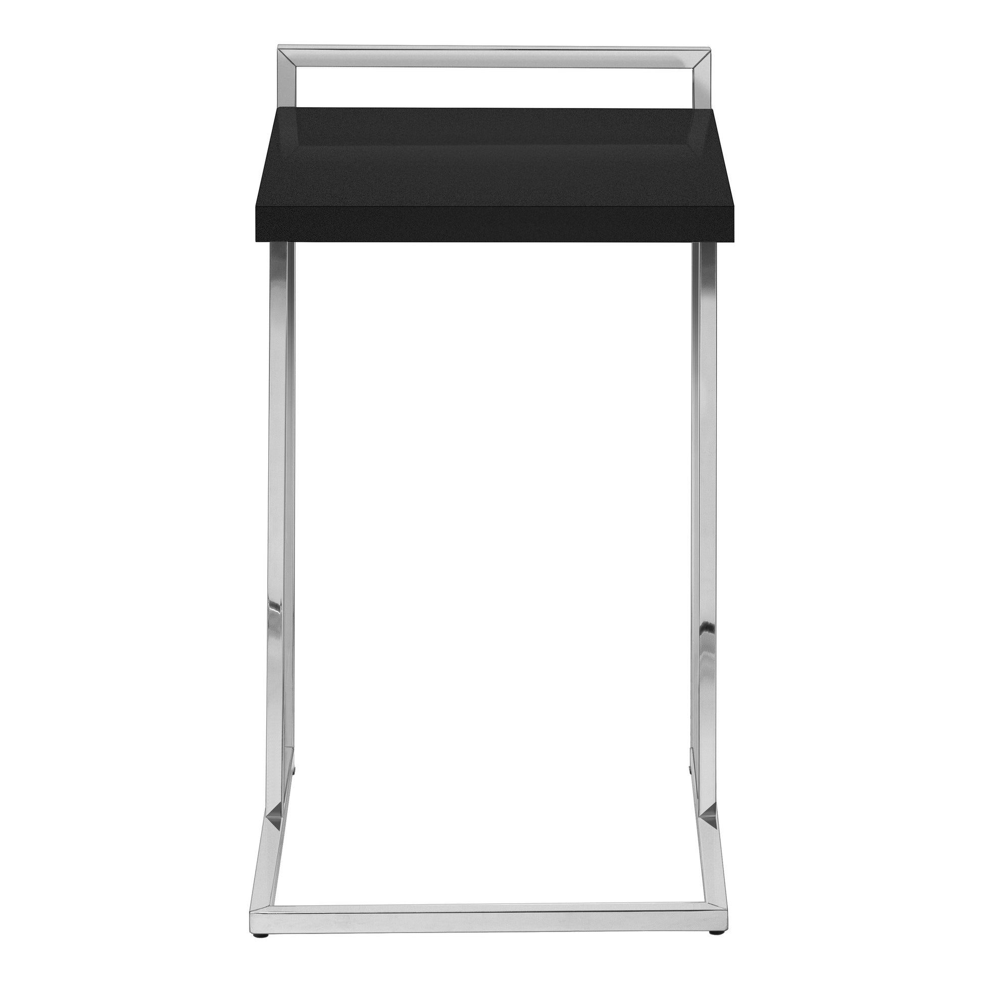 Accent Table, C Shaped, End, Side, Snack, Living Room, Bedroom, Black Laminate, Chrome Metal, Contemporary, Modern Black Particle Board