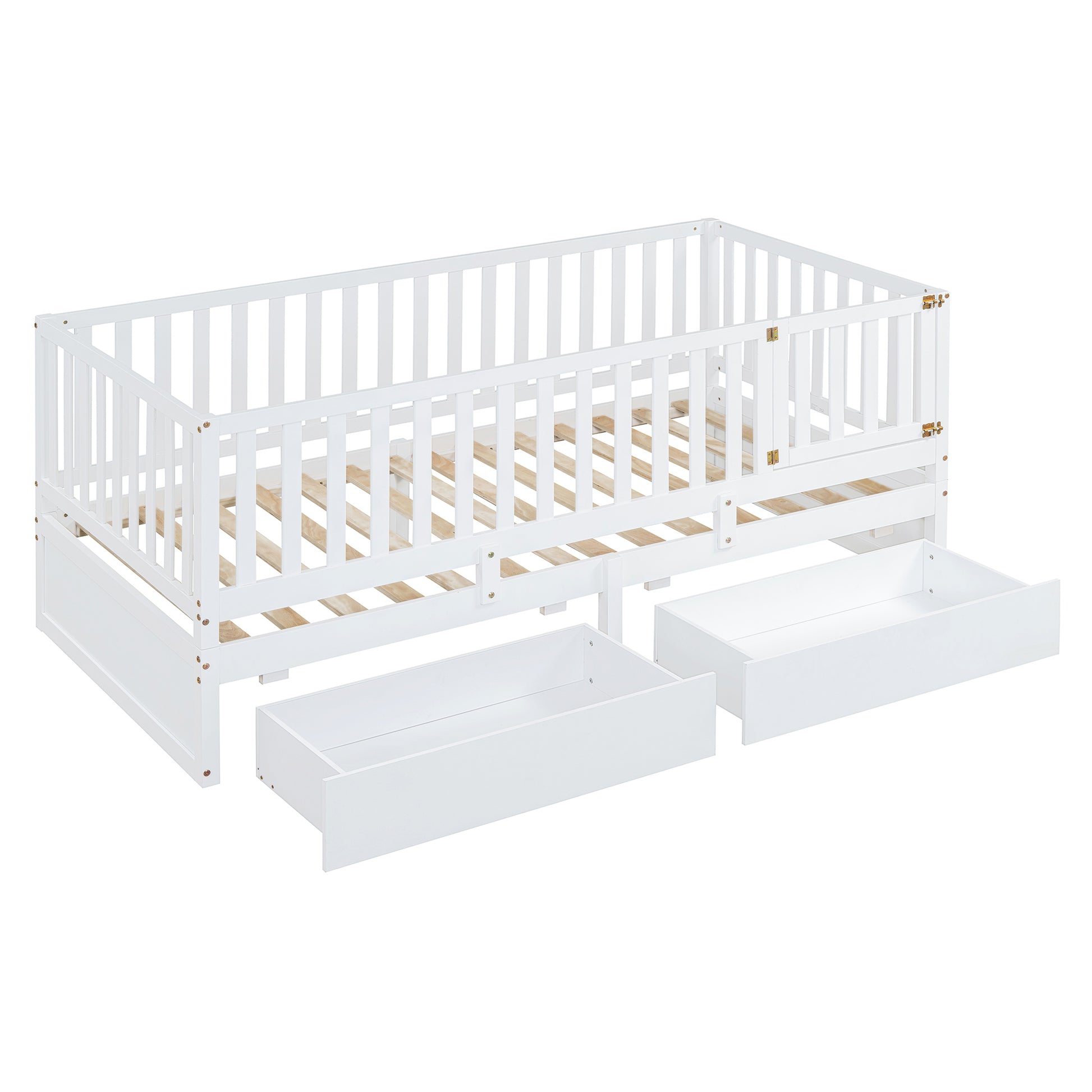 Twin Size Wood Daybed With Fence Guardrails And 2 Drawers, Split Into Independent Floor Bed & Daybed, White Old Sku :Lp000881Aak Twin White Solid Wood Mdf