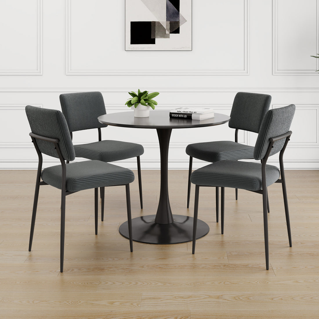 Modern Grey Simple Velvet Dining Chair Fabric Upholstered Chair Family Bedroom Stool Back Dressing, Black Round Table Set, Chair Black Metal Legs Set Of 5 Black Mdf