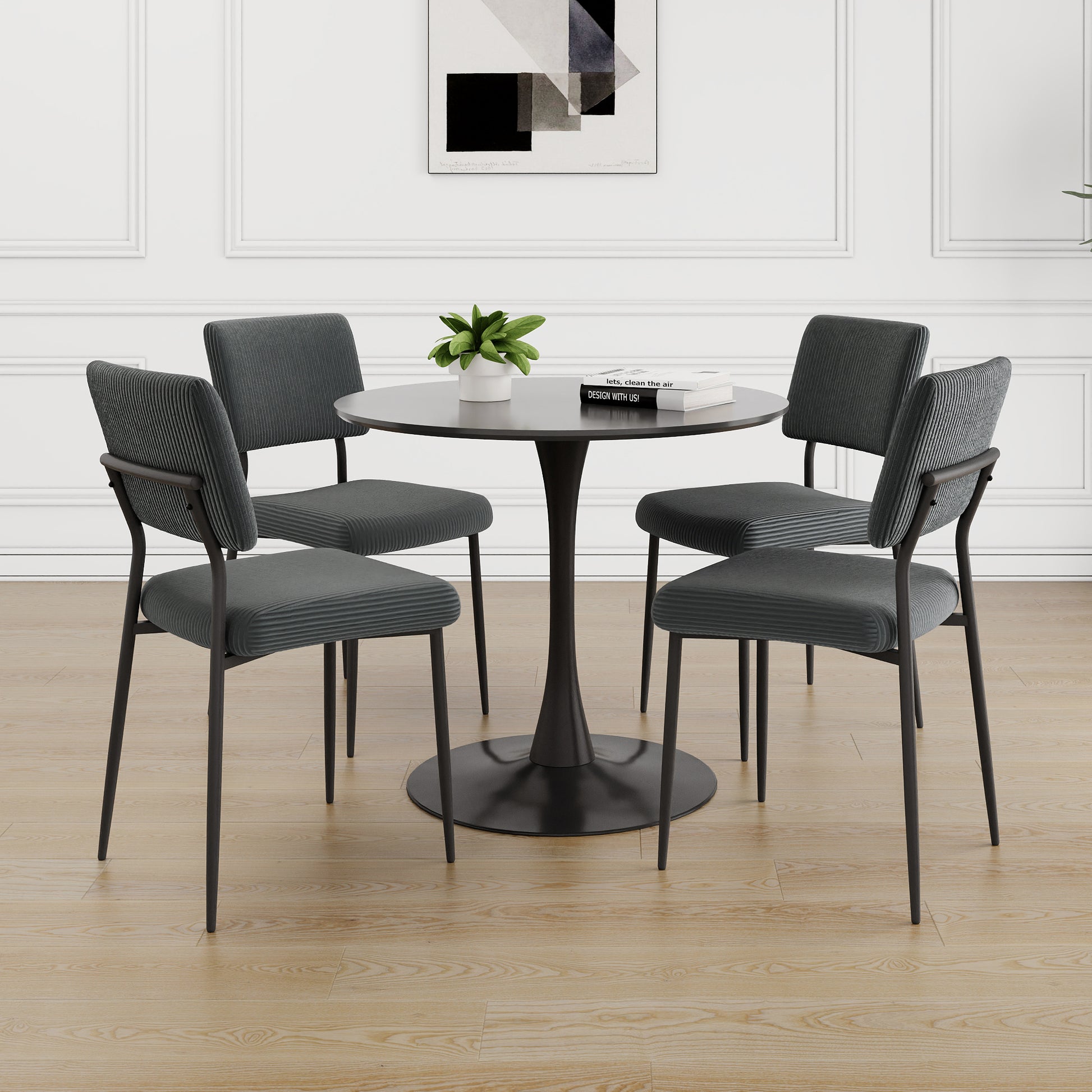Modern Grey Simple Velvet Dining Chair Fabric Upholstered Chair Family Bedroom Stool Back Dressing, Black Round Table Set, Chair Black Metal Legs Set Of 5 Black Mdf
