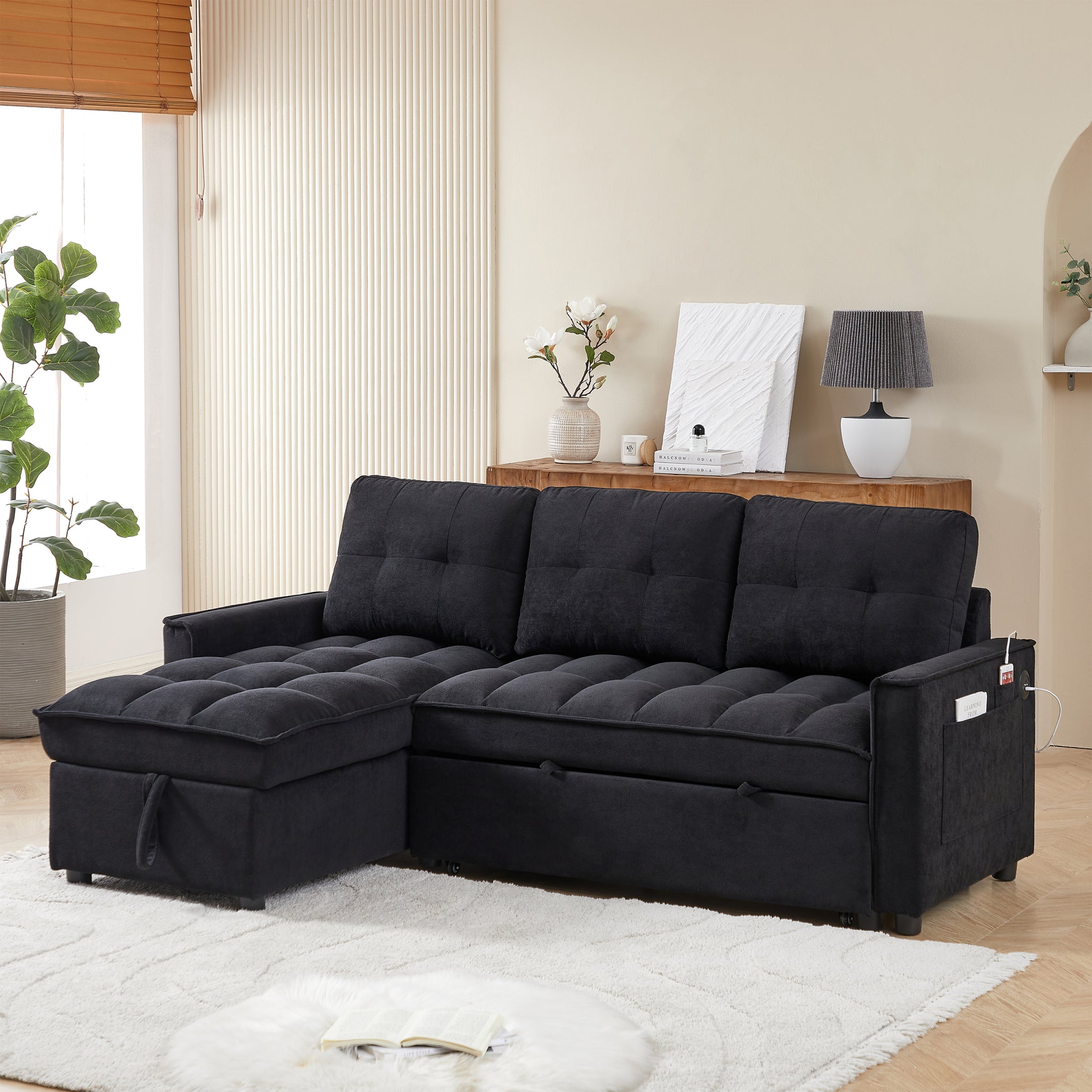 Mh 78.75" Reclining Sofa, Pull Out Sofa Bed With Usb And Tape C Charging Ports, L Shaped Sectional Sofa With Reclining Storage And Arm Side Organizer Pocket Features, Living Room Comfort Sofa Black Chenille Wood Primary Living Space Eucalyptus Foam