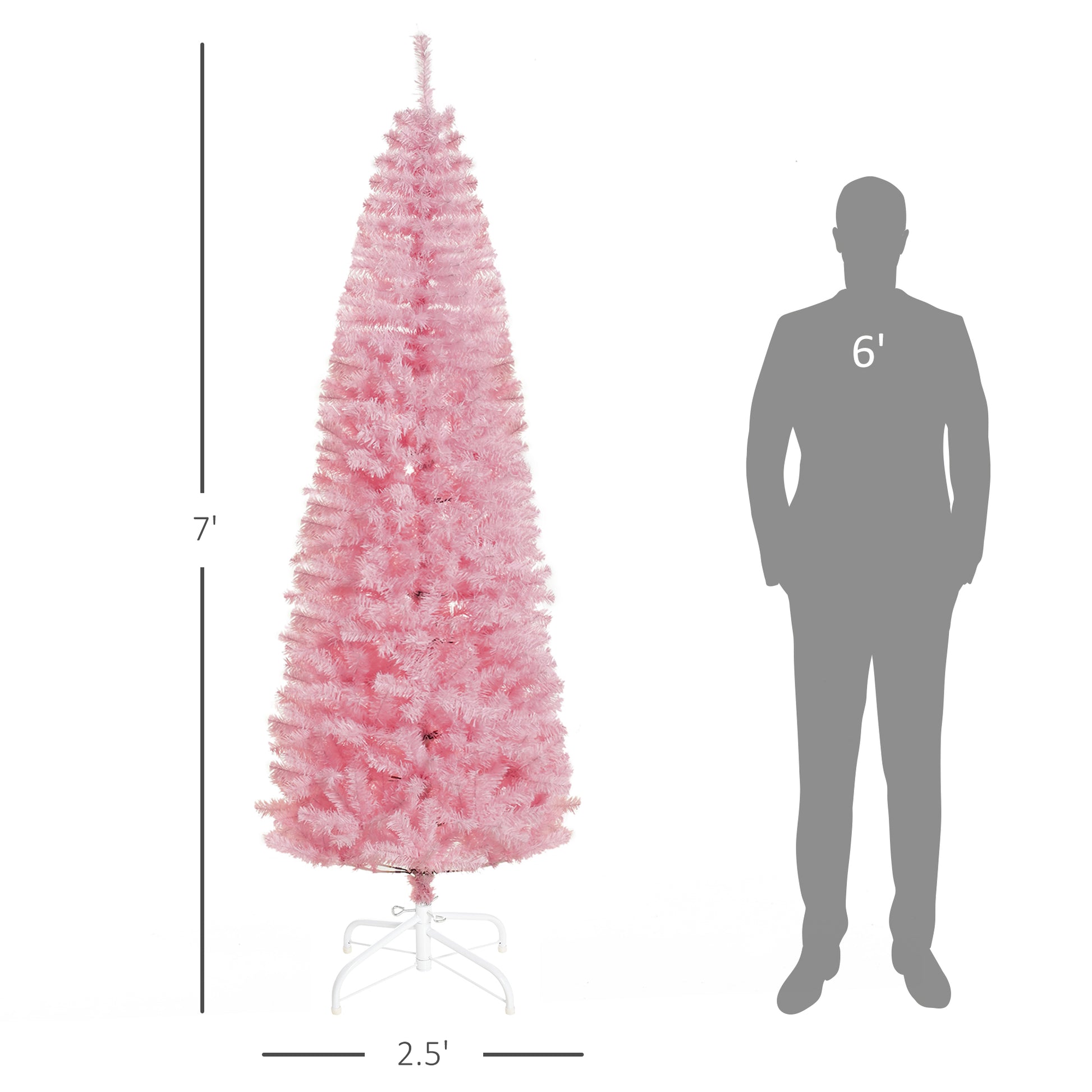 Homcom 7' Tall Unlit Slim Douglas Fir Artificial Christmas Tree With 818 Realistic Branch Tips, Pink Pink Plastic