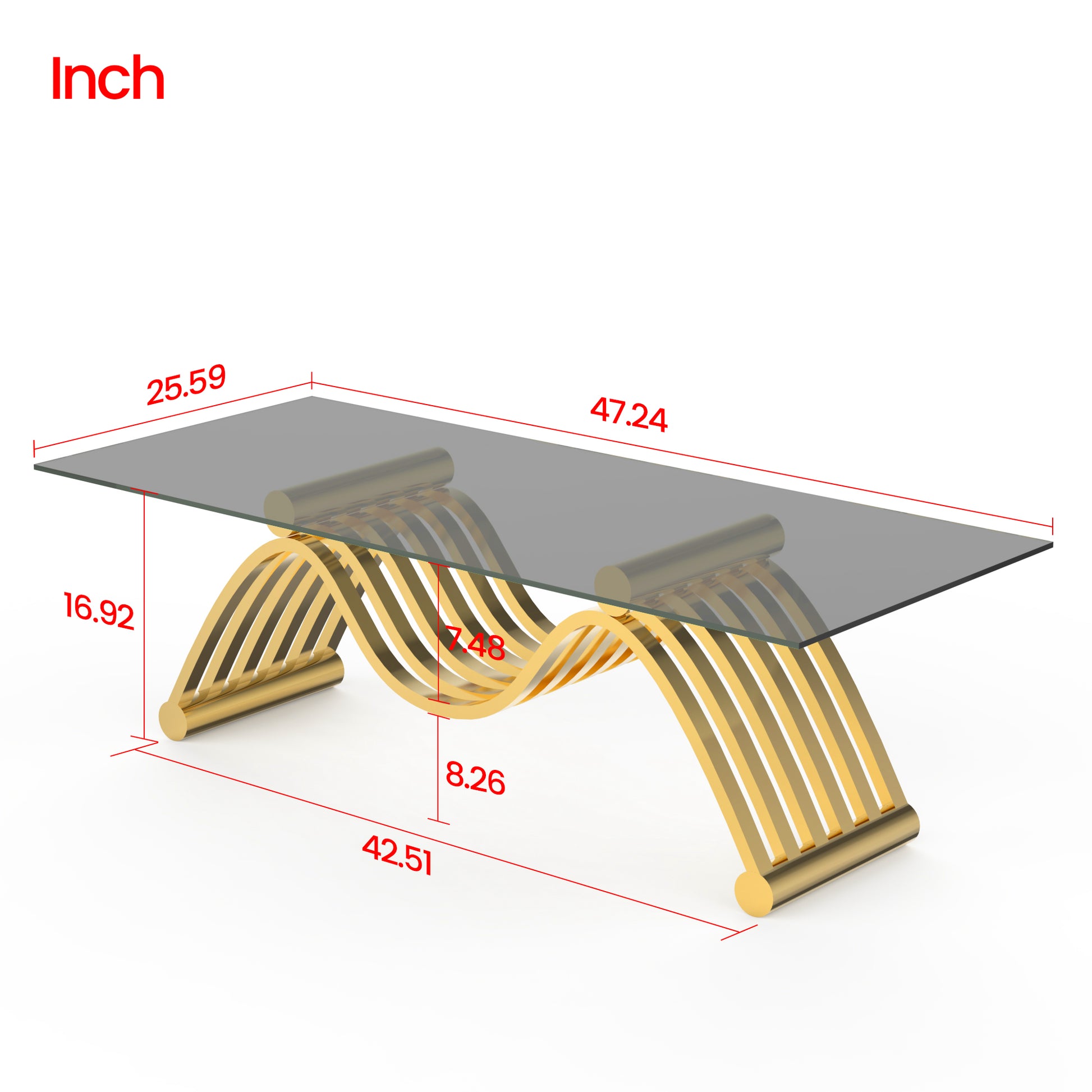 47" Rectangle Modern Stainless Steel Coffee Table, Water Ripple Tempered Glass Coffee Table, Center Table, For Living Room Home Office, Easy Assembly, Gold Gold Modern Open Storage Rectangular