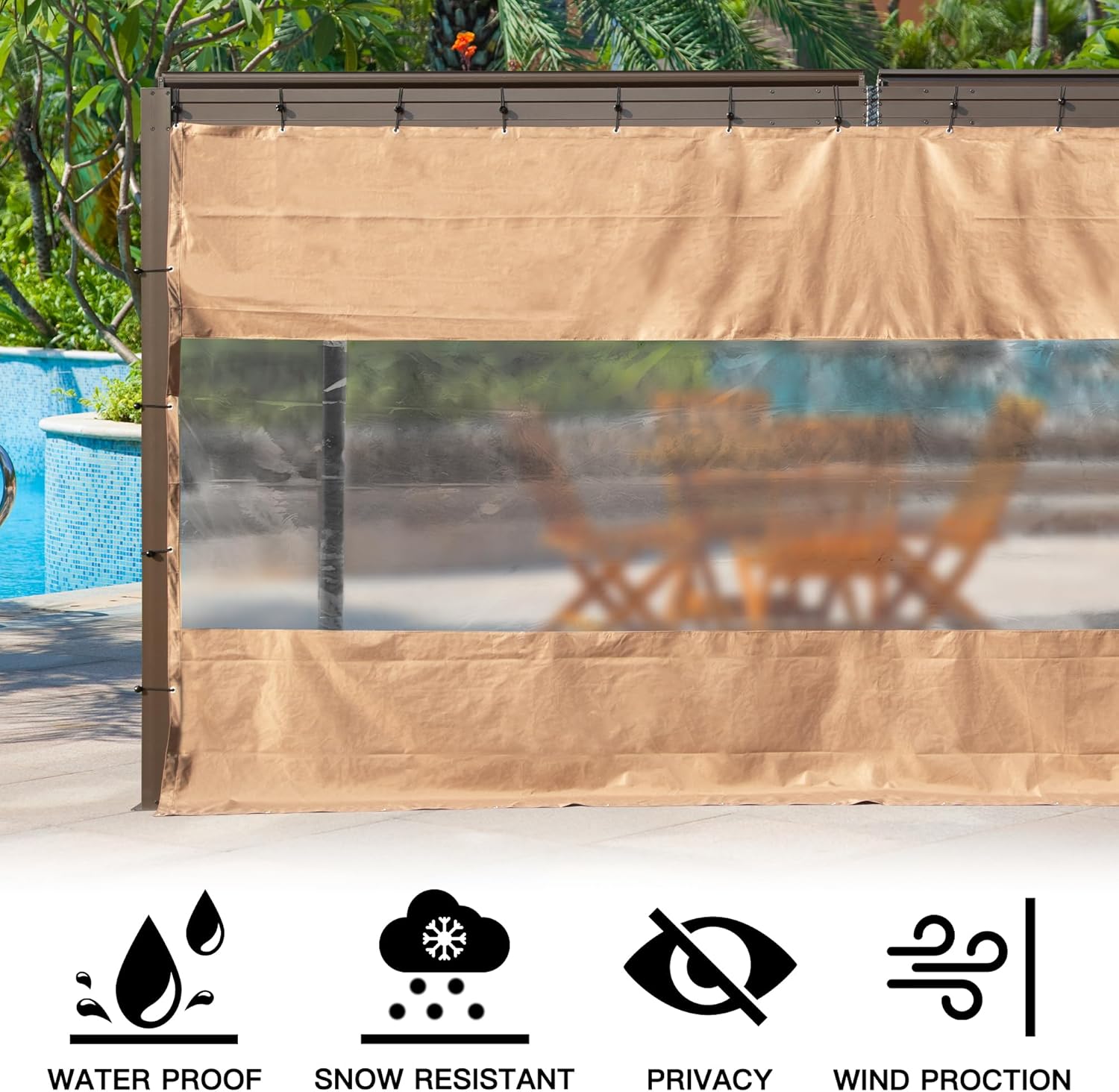 Heavy Duty Outdoor Clear Panel Curtain, 18 Oz Waterproof Pvc Polyester Curtain, Weather Resistant & Tearproof For Patios, Gazebos, Pergolas, Privacy Screen 7'H X 12'W, Brown Brown