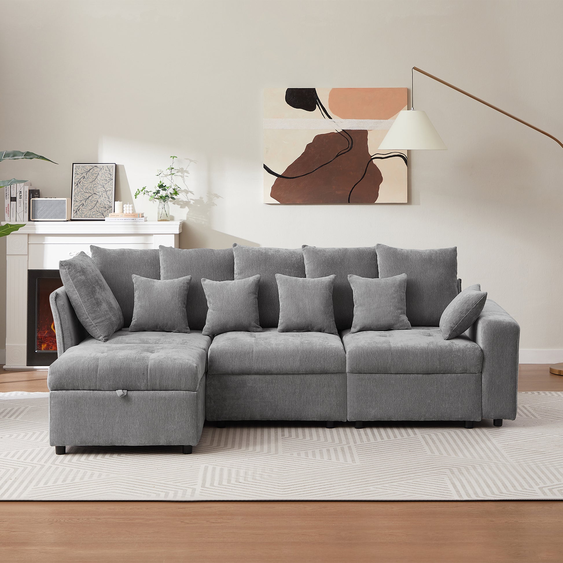 96.45"Sectional Sofa Modular Sofa Couch With Three Usb Ports, A Removable Storage Ottoman And Five Back Pillows For Living Room, Grey Grey Foam Chenille 4 Seat