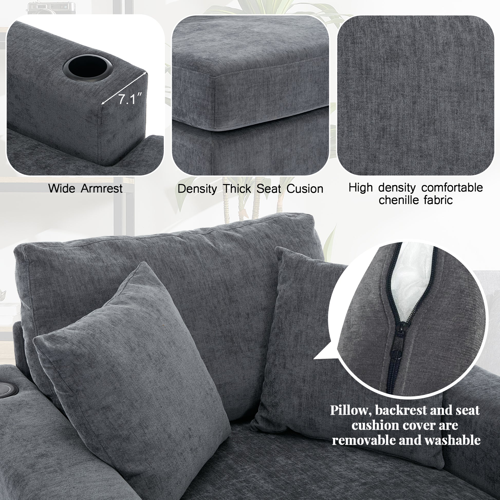43.5" Oversized Chaise Lounger Modern Style Sofa Couch ,With Pillows, Charge Station & Cup Holders, Chenille Fabric, Blue Gray Blue Gray Chenille