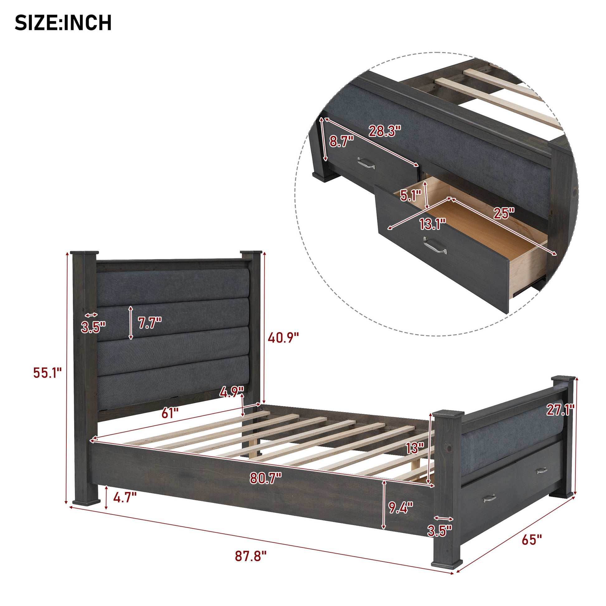 Queen Size Wood Frame Platform Bed With Upholstered Headboard, Footboard And 2 Drawers, Antique Gray Box Spring Not Required Queen Antique Gray Wood Bed Frame Solid Wood Mdf