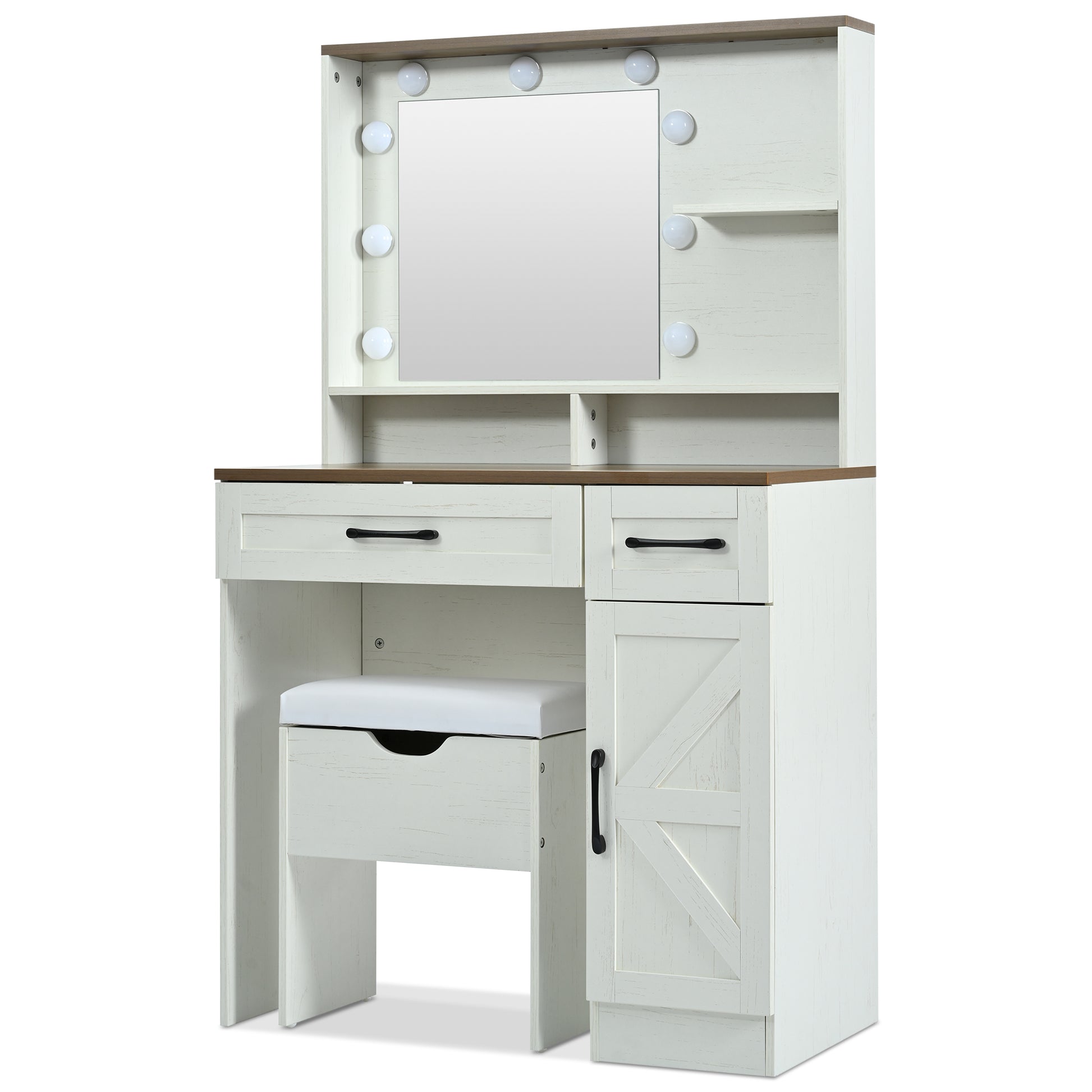 Farmhouse Makeup Vanity Desk With Mirror And Lights, 3 Lighting Modes, Vanity Set With Stool, Dressing Table With Adjustable Shelves,2 Drawers And Side Cabinet For Bedroom, White Brown White Bedroom