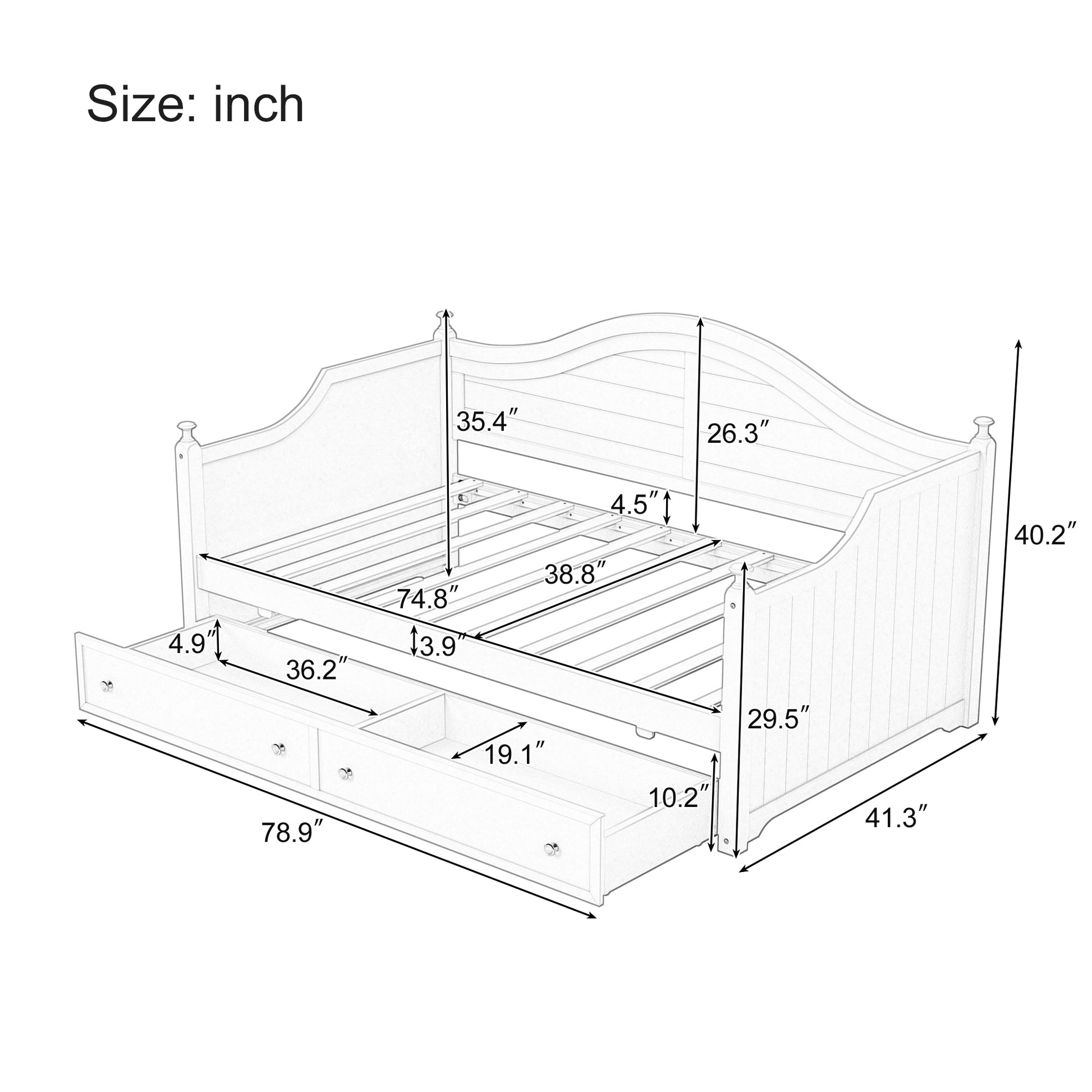 Twin Size Wood Daybed With 2 Storage Drawers ,Wooden Sofa Bed With Handrail For Living Room Bedroom, White Box Spring Not Required Twin White Wood Bedroom Wood